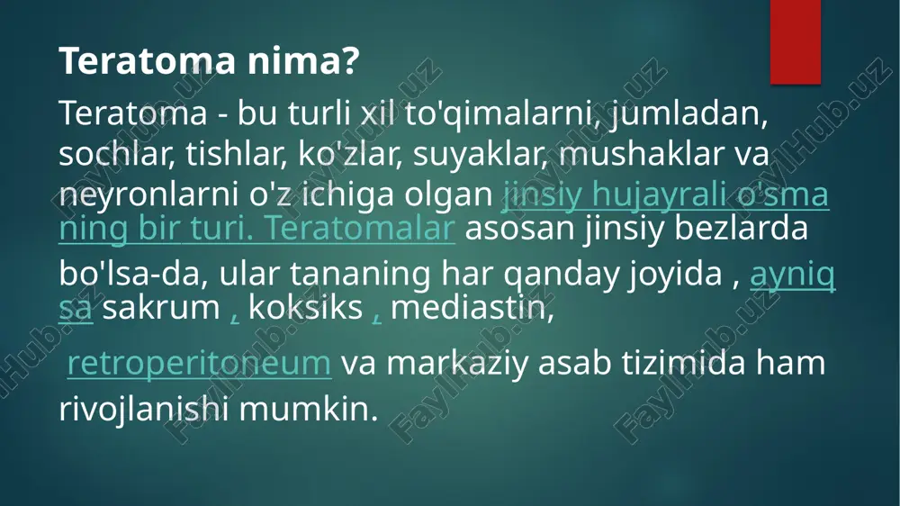 oliyatiga ta'sir qilishi mumkin. va nihoyat, sakrokoksigeal teratomalar tug'ilishdan oldin ham rivojlanishi mumkin, bu esa qonga yuqori talabni keltirib chiqaradi.homila yurak etishmovchiligi (ya'ni, hidrops fetalis). tug'ilgandan keyin sakrokoksigeal teratomalar rivojlansa, ular belning progressiv og'rig'iga va genitoüriner va oshqozon-ichak traktining obstruktsiyasidan kelib chiqadigan alomatlarga olib kelishi mumkin. bu alomatlar ich qotishi , qorin og'rig'i, siydik yoki ichak tuta olmaslikni o'z ichiga oladi . kamdan kam hollarda sakrokoksigeal o'smalar pastki oyoqlarda mushaklar kuchsizligiga, shuningdek, uyqusizlik yoki paresteziyaga olib kelishi mumkin. teratoma qanday tashxis qilinadi? teratomalarning diagnostikasi to'liq klinik tarix va fizik tekshiruvdan boshlanadi. aksariyat hollarda kichik teratomalar boshqa tibbiy holatni tashxislashda tasodifan topiladi. birinchi darajali tekshiruvlar o'sish darajasi va xususiyatlarini ko'rish uchun zararlangan hududning rentgenogrammasi, kt yoki mrini o'z ichiga oladi . teratomalarning tasviriy belgisi - bu mezoderma hosilasi bo'lgan yog'ning mavjudligi . keyingi laboratoriya tekshiruvlari pishmagan teratomalar uchun o'simta belgisi bo'lgan sarum alfa-fetoprotein (afp) darajasini olishni o'z ichiga olishi mumkin . …