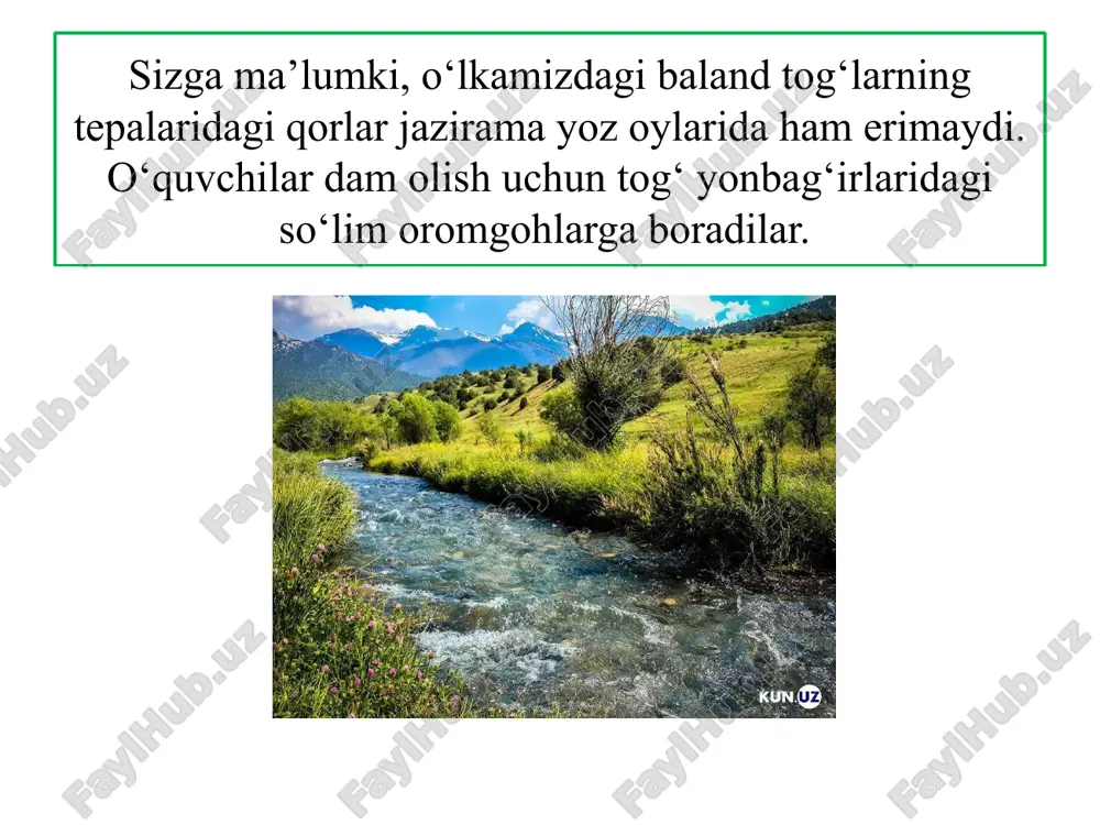 p o‘tloqlari mintaqasi mavjud, tekisliklarda esa bunday tabiat zonasi yo‘q. balandlik mintaqalarining soni va tuzilishi tog‘larning balandligiga, qaysi iqlim mintaqasida (shuningdek, iqlim o‘lkasida) joylashganiga, yo‘nalishiga, havo massalariga nisbatan joylashishiga bog‘liq. tog‘lar qanchalik baland bo‘lsa va quyi kengliklarda (ekvatorga yaqin) joylashgan bo‘lsa shunchalik ko‘p balandlik mintaqalari yuzaga keladi. iqlim o‘lkalari ham balandlik mintaqalariga sezilarli ta’sir ko‘rsatadi. kontinental iqlim o‘lkasida joylashgan tog‘larda tog‘ cho‘l va chalacho‘l mintaqalari katta maydonni egallaydi. qor chizig‘i dengiz iqlim mintaqasida joylashgan tog‘larga nisbatan 700–1000 m balandroqdan o‘tadi. dengiz iqlim o‘lkasida joylashgan tog‘larda esa tog‘–o‘rmon mintaqasi keng tarqalgan, qor chizig‘i ancha pastdan o‘tadi. balandlik mintaqalanishi tog‘larning relyef xususiyatlariga ham bog‘liq. ayniqsa, yonbag‘irlar ekspozitsiyasi muhim ahamiyatga ega. janubiy va shimoliy, havo massalariga ro‘para va teskari yonbag‘irlarda, balandlik mintaqalari turlicha bo‘ladi. masalan, o‘zbekistondagi tog‘larda janubiy yonbag‘irda adir (tog‘ quruq dasht) mintaqasi bo‘lsa, ayni shu balandlikdagi shimoliy yonbag‘irda esa tog‘ (tog‘–o‘rmon–dasht) balandlik mintaqasi shakllanganini ko‘rish mumkin. yonbag‘ir ekspozitsiyasi – tog‘ va …