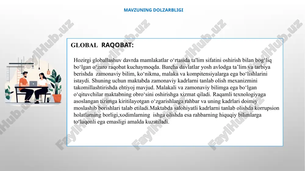 rni uchun munosib nomzodlarni tanlash maqsadida tashkil etadi va o‘tkazadi. o‘zbekiston respublikasi kambag‘allikni qisqartirish va bandlik vazirining 2023-yil 26-iyundagi 52-2023/b-sonli buyrug‘i mavzuga oid adabiyotlar tahlili mahalliy adabiyotlar a.e.kenjaboyev, b.x.karimova pedagogik menejment asoslari o‘quv qo‘llanma termiz – 2023-yil o.hasanov, “liderlar kitobi” toshkent, “muharrir” nashriyoti 2023 y 1 hozirgi zamon o‘qituvchisining asosiy vazifalaridan biri – kasbiy kompetentligi va intellektual salohiyatining yuqoriligi, sadoqatliligi, g‘oyaviy e’tiqodligi va o‘z kasbini sevishidir. bu fazilatlar pedagoglarni boshqa kasb egalaridan ajratib turadi. yaxshi rahbar ,birinchi navbatda jamoani yagona maqasd sari birlashtira oladigan odam.ikkinchi o‘rinda ,xodimlarni eshita oladigan shaxs ,uchinchi navbatda ,uzoqni ko’ra olishi ham muhim.. xorijiy adabiyotlar “demokratiya va ta'lim” (democracy and education) jon dyui (john dewey) demokratiya va ta'lim ” (democracy and education) uning asarlari ta'lim, falsafa va demokratiya masalalariga bag'ishlangan bo'lib, ularning ko'pchiligida rahbarlik va demokratik boshqaruvga oid fikrlarni topish mumkin. dyui rahbarlikni oddiy buyruq berishdan ko'ra, jamoaviy rivojlanishga va hamkorlikka asoslangan deb hisoblagan. mavzuni o‘rganishdan …