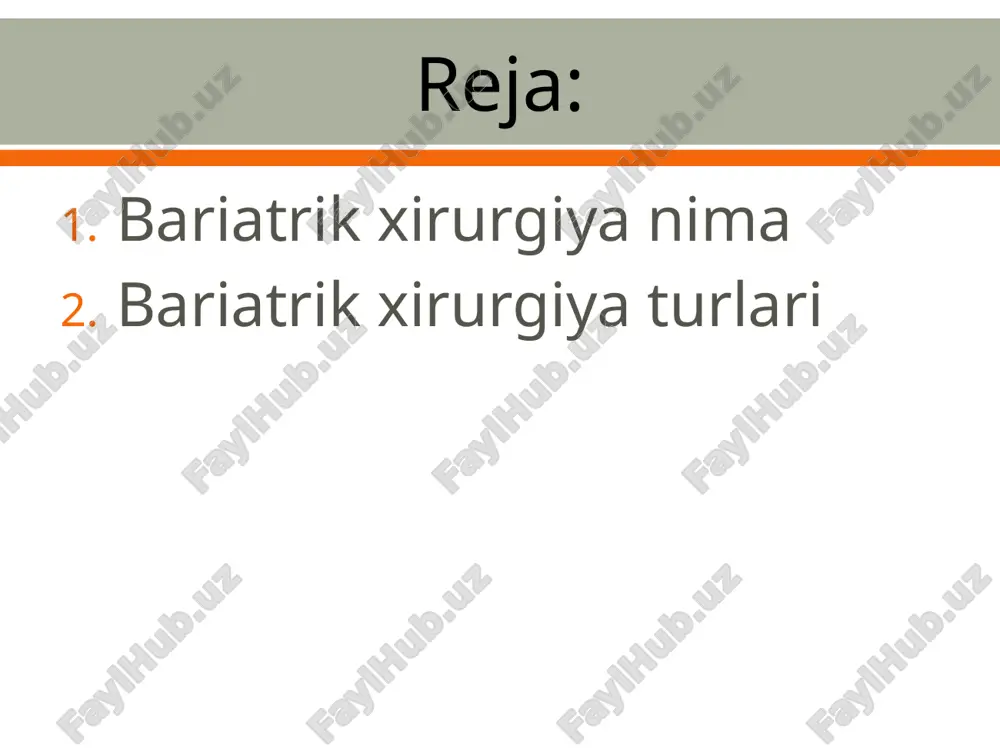 hishidan oldin ozuqa moddalarning samarali so`rilishini oldini olish mal-absorbtiv (so`rilishni kamaytirish) turlari: biliopancreatic diversion(biliopankreatik burilish) duodenal switch(o'n ikki barmoqli ichakni almashtirish) biliopancreatic diversion og'iz orqali qabul qilishni kamaytirish uchun chegaralangan gorizontal subtotal gastroektomiya oshqozon boshlig`i kattaroq bo`ladi ingichka ichakning bir qismi va qisqa umumiy ovqat hazm qilish kanali(yo`g`on ichak) ga uzun roux-en-y anastomoziqo`yiliadi anastomoz yallig`lanishi va ozuqaviy etishmovchilik xavfi biliopancreatic diversion duodenal switch bunda gorizontal gastrektomiya mes aksincha yengli gastrektomiya yengli gastrektomiyadan keyin bosqichli protsedura sifatida foydalanish mumkin duodenal switch aralash oshqozon restriktiv bariatriyasi va ichakni aylanib o'tishni birlashtirgan gibrid protsedura ozuqa moddalarining so'rilishiga to'sqinlik qiladigan aylanma yo'l bilan kichik oshqozon sumkasini yaratish anastomoz yallig`lanish xavfi, ozuqaviy etishmovchilik, damping sindromi aralash e`tiboringiz uchun rahmat image2.jpeg image3.jpeg image4.png image5.jpeg image6.png image7.jpeg image8.jpeg image9.jpeg image10.jpeg image11.jpeg /docprops/thumbnail.jpeg