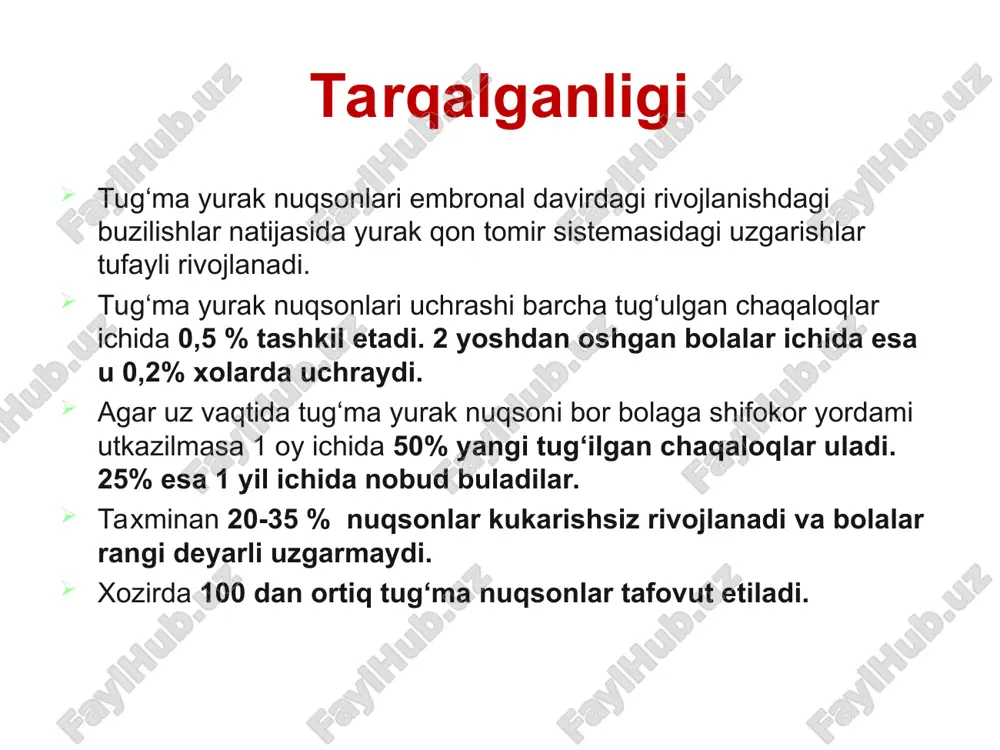 giya markazida yurak xirurgiyasi bulimi tashkil qilingan va unga darvin sadikovich gulyamov raxbarlik qilgan. bulim 2 qisimdan – tug‘ma va ortirilgan yurak nuqsonlari qisimlardan iborat bulgan. o‘zbekistonda yurak xiruriyasiga fundament shu tariqa tashkil topgan. yurak tug‘ma nuksonlari 3 xil guruhi farqlanadi birinchi gurux — yurak ichidagi arterial konni venoz okimiga okishi bilan kuzatiladigan tugma nuksonlar (chapdan o‘nga, birlamchi-ok nuksonlar) — bo‘lmachalar aro tusik nuksoni, korinchalar aro tusik nuksoni, ochik arterial yo‘l, aorta-o‘pka okmasi, bo‘lmachalar aro devor nuksoni mitral stenozi bilan. ikkinchi gurux — yurak ichidagi venoz konni arterial kon okimiga okishi bilan kuzatiladigan nuksonlar (o‘ngdan chapga, birlamchi-ko‘k). bu guruxga — fallo uchligi, tetradasi va pentadasi, uchtabakali kopkokni atreziyasi, magistral tomirlarni transpozitsiyasi kiradi uchinchi gurux — yurak magistral arteriyalarining torayishi bilan kuzatiladigan to‘gma nuksonlar: o‘pka arteriyasining stenozi, aorta stenozi, aorta koarktatsiyasi. tugma nuksonlar fallo tetradasi kukrak bukriligi maxsus tekshiruv usullar exokardiografiya rentgenografiya kt mrt yurak kameralarini zondlash angiokardiografiya tekshirish usullari yurakni …