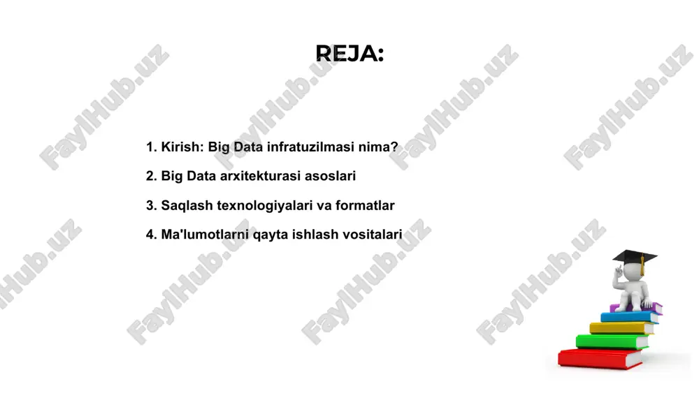 monaviy infratuzilmalar zarur. ular ma'lumotlarni yig'ish, saqlash va tezkor tahlil qilish imkonini beradi. 1. 2. 4. ma'lumotlarni qayta ishlash vositalari yordamida real vaqtda tahlil mumkin bo'ladi. bu esa biznes qarorlarini tez va aniq qabul qilishni ta'minlaydi. shunga qaramay, infratuzilmaning murakkabligi, xavfsizlik tahdidlari va ma'lumotlar sifati kabi muhim muammolar ham e'tiborni talab qiladi va hal qilinishi zarur. big data imkoniyatlari va foydalari 01. 02. 03. big data infratuzilmasi orqali katta hajmdagi ma'lumotlarni tez tahlil qilish imkoniyati yaratiladi, bu esa tez va samarali qarorlar qabul qilish imkonini beradi. tizimlar orqali foydalanuvchilar ma'lumotni real vaqtda ko'ra oladi, bu esa biznes jarayonlarini tezlashtirib, raqobatbardoshlik darajasini oshiradi. biroq, ma'lumotlar xavfsizligi va maxfiyligi muammolari mavjud, shuningdek, infrastrukturani joriy etish va boshqarish katta xarajatlarni talab qiladi. amaliy qo'llanilish sohalari big data infratuzilmasi katta hajmdagi ma'lumotlarni saqlash, qayta ishlash va tahlil qilish imkonini beruvchi zamonaviy texnologiyalar asosida quriladi. bu infratuzilma sog‘liqni saqlash, moliya, sanoat, qishloq xo‘jaligi va ta'lim …