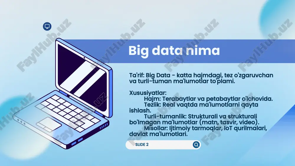 bardoshlikni oshirish. slide 7 xavf va cheklovlar xavflar: maxfiylik: shaxsiy ma'lumotlarning o'zgarishi va xavfsizligi.ma'lumotlar xavfsizligi: kiber hujumlar va ma'lumotlar yo'qolishi. slide 8 muammolarni hal etish yo'llari: qonunchilik va normativ bazani takomillashtirish.ma'lumotlar xavfsizligini ta'minlash uchun texnologiyalarni joriy etish. kelajakda rivojlanish kelajakdagi roli: big data va ai orqali davlat boshqaruvining samaradorligini oshirish. innovatsion loyihalar va startaplar uchun yangi imkoniyatlar yaratish. davlat xizmatlarini raqamlashtirish va ko‘rsatish sifatini oshirish. slide 9 asosiy nuqtalar: big data va ai ning davlat boshqaruvida ahamiyati, foydalari, xavflari va kelajakdagi istiqbollari. tavsiya: davlat muassasalarini yangi texnologiyalar bilan jihozlash va ularni amaliyotda qo'llash. xulosa slide 10 image9.png image10.svg image1.png image2.png image3.svg image4.png image5.svg image6.png image7.png image8.svg image11.png image12.svg image13.png image14.svg image15.png image16.svg image17.png image18.svg image19.png image20.svg image21.png image22.svg image23.png image24.svg image25.png image26.svg image27.png image28.svg image29.png image30.svg image31.png image32.svg image33.png image34.svg image35.png image36.svg image37.png image38.svg image39.png image40.svg /docprops/thumbnail.jpeg