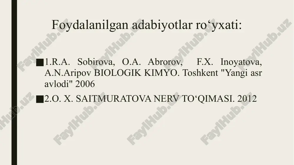 malar, mitoxondriya, golji kompleksi, hujayra markazi, lizasoma, neyrotubulinlar va neyrofibrillalar bor. neyron hujayra sitoplazmasi yuqori darajada funksional sintetik hususiyatga ega bo‘lgan neyronlar maxsuslashgan plazmolemmaga ega, ulami sitoplazmasi organellalarga boy. neyron hujayra sitoplazmasi boshqa hujayralar sitoplazmasidan farqli o‘laroq, ta’sirotni o‘tkazish xususiyatiga ham ega. yuqorida aytilgan so‘zlarga hulosa qilib shuni aytish kerakki, fibrilyar strukturalar (neyrofibrillalar, mikronaychalar, mikrofelamentlar) bular birgalikda hujayra sitoplazmasida tayanch — qisqarishni va moddalarni nerv tolalariga tashiydi. donador endoplazmatik to‘rda oqsil sintezi kuchli kechadi. uni bu borada oqsil ishlovchi bezlar bilan taqqoslash mumkin. funksional holatning o‘zgarishiga qarab, nissl substansiyasida oqsil sintezi o‘zgarib turadi. patologik holatda endoplazmatik to‘r bilan bog‘liq bo‘lgan ribosomalar soni kamayib, aksincha, erkin ribosomalar soni ko‘paysa, buni nerv hujayrasining patologik indeksi deyiladi. nishonlangan aminokislotalar yordamida neyronlardagi oqsillaming aylanish vaqti (sirkulyatsiyasi) aniqlangan. shunga ko‘ra nerv hujayrasi tanasidagi oqsillar ikki guruhga: tez va sekin aylanadigan oqsillarga bo‘linadi. neyronlarda tez aylanadigan oqsillar bir kun, sekin aylanadigan oqsillar 15 kun saqlanar ekan. …