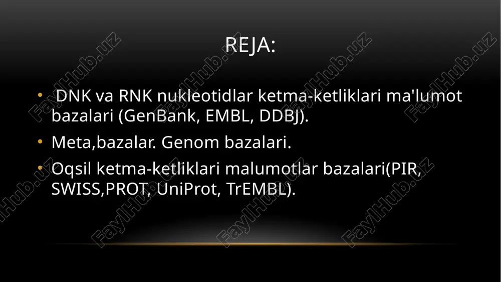 yo'llar (pathway), genlar (genlar), ligandlar (ligand) va boshqalar ma'lumotlar bazalari. kegg metabolik yo'l xaritalari, brite funktsional ierarxiyasi va kegg modullari mutaxassislar tomonidan qo'lda yaratiladi va kuratorlanadi. ishlab chiquvchilarning fikriga ko'ra, genlar, oqsillar, kichik molekulalar, reaktsiyalar, o'zaro ta'sirlarni birlashtirib, kegg biologik tizimlarning "elektron ko'rinishi" hisoblanadi blast biologik ketma-ketliklar o'rtasidagi o'xshashlikni topadi. dastur ketma-ketlik ma'lumotlar bazasida nukleotid yoki oqsillarni taqqoslaydi va statistik ahamiyatini hisoblaydi. flybase - bu drosophilidae hasharotlar oilasi uchun bioinformatika bo'yicha onlayn ma'lumotlar bazasi va genetik va molekulyar ma'lumotlarning asosiy ombori. eng ko'p o'rganilgan turlar va model organizmlar uchun drosophila melanogaster, turli formatlarda keng ko'lamli ma'lumotlar taqdim etilgan flybase-dagi ma'lumotlar keng ko'lamli genom loyihalaridan tortib asosiy tadqiqot adabiyotlarigacha bo'lgan turli manbalardan kelib chiqadi. ushbu ma'lumotlar turlari mutant fenotiplarni o'z ichiga oladi ; mutant allellarning molekulyar tavsifi ; va boshqa og'ishlar, sitologik xaritalar, yovvoyi turdagi ifodalari, anatomik tasvirlar, transgen konstruktsiyalar va qo'shimchalar, ketma-ketlik darajasidagi gen modellari va gen mahsuloti funktsiyalarining molekulyar …