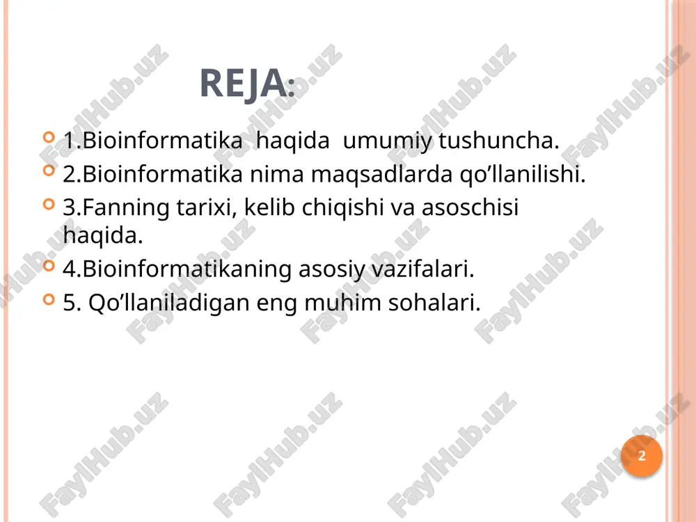 i. ayni vaqtda farmatsevtika, biotexnologiya, meditsina, biokimyo, biofizika, ekologiya, filogenetika, genetika kabi sohalarda bioinformatika fani va uning metodlariga bo’lgan talab kundan kunga ortib bormoqda. hattoki klassik fanlardan hisoblangan sistematika, zoologiya, botanika fanlari ham so’nggi o’n yillikda bioinformatikaga tez-tez murojaat qilmoqda. ayniqsa turlarni aniqlash borasida bioinformatika usullaridan keng foydalanilmoqda. 5 bioinformatika faning qisqacha tarixi 1970-yilda niderland nazariyotchi biologi polina hogeveg va ben hesper biotik tizimdagi informatsion jarayonlarni tadqiq etish davomida “bioinformatika” degan terminni qo’llagan. dastlab 1950-yillarda frederik senjer insulin oqsilining ketma-ketligini aniqlagan vaqtdayoq molekulyar biologiya fanida kompyuterlarning ahamiyati orta boshlagan. boisi bir necha xil organizmlardagi insulin oqsilining ketma-ketligi tartibini o’zaro qo’lda solishtirib chiqish amaliy jihatdan imkonsiz bo’lgan. bu sohada ishlagan ilk tadqiqotchilardan biri margaret oukli deyxoff edi. u birinchilardan bo’lib oqsil ketma-ketligi haqidagi ma’lumotlarni to’plab, uni kitob holida chop etdi va ilk marotaba molekulyar evolutsiya sohasida o’zaro bir qatorga jamlangan oqsil yoki nukleotidlar ketma-ketligini qo’llash metodikasini ishlab chiqdi. ncbi direktori devid …