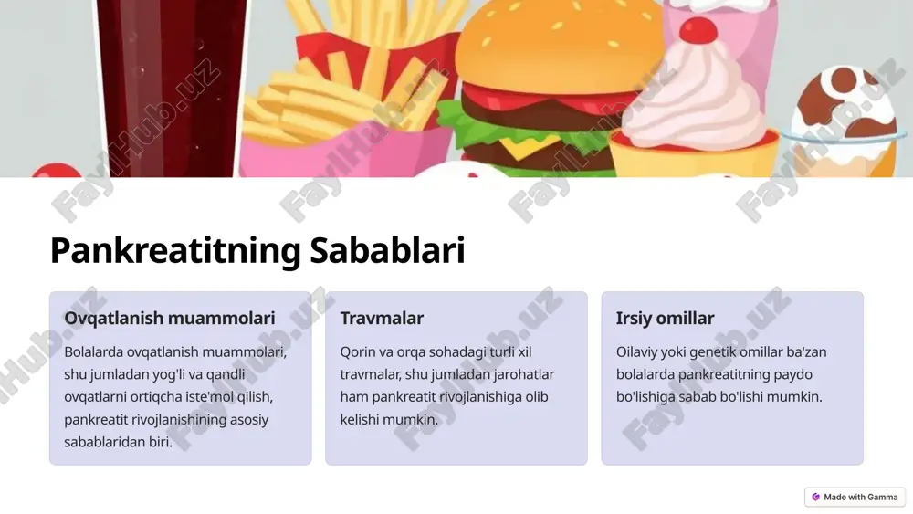 sullar ultratovush, kompyuter tomografiyasi va magnitli-rezonans tomografiya kabi tasviriy usullar pankreasning holatini aniq aniqlashga imkon beradi. 5 endoskopik diagnostika 1 erxpg endoskopik retrograg xolangiopankreatografiya (erxpg) pankreatit diagnostikasida muhim o'rin tutadi, chunki pankreasning va o'tkiruvchi yo'llarning holati to'g'risida ma'lumot beradi. 2 endoskopik ultratovush endoskopik ultratovush, pankreasning shikastlanishini aniqlab, pankreatitning darajasini baholashga imkon beradi. 3 laparoskopik biopsiya ayrim hollarda pankreasdan olingan to'qima namunalarining gistologik tekshiruvi pankreatitning sababi haqida qimmatli ma'lumot beradi. 6 laborator diagnostika fermentlar pankreatit bo'lganda pankreasning hazm fermentlari (amilaza va lipaza) miqdori keskin ko'tariladi. oqsil va suyuqlik markerlari pankreasdan ajraluvchi oqsil va suyuqlik markerlari darajasi ham pankreatitning aniq tashhisiga yordam beradi. qon tahlillari qonning umumiy tahlili, shu jumladan, leykositlar, crp, troponin kabi ko'rsatkichlarni o'rganish ham tashxisga xizmat qiladi. 7 differensial tashxis o'tkir qorin pankreatit o'tkir qorin yallig'lanishi belgilariga o'xshashi mumkin, shuning uchun differensial tashxis muhim. o'choqli gastrit o'choqli gastrit ham qorin og'rig'i va qusishni keltirib chiqarishi mumkin. o'tkir appenditsit o'tkir …