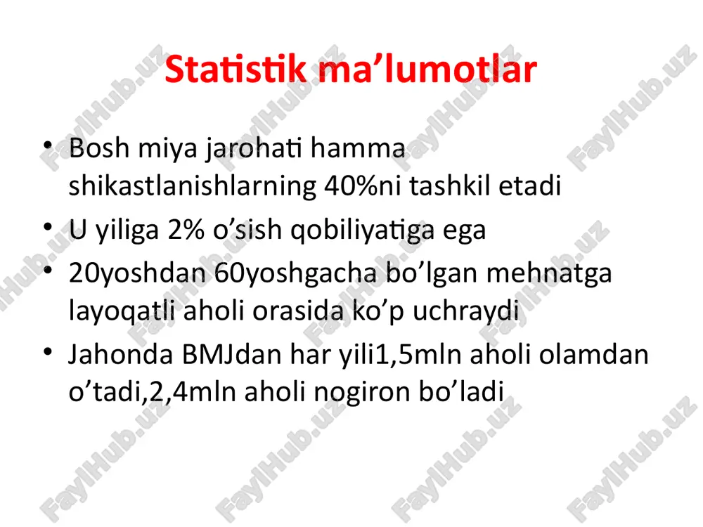 ogik o’choqlar ko’rinmaydi. 2-tip- sisternalar ko’rinarli, o’rta strukturalar 5mmgacha surilgan, o’rta zichlikdagi tarqalgan mayda gemorragiyalar. 3-tip- sisternalar kichraygan yoki ko’rinmaydi, o’rta strukturalar 5mmdan ko’p surilgan. 4-tip- sisternalar ko’rinmaydi. diagnostikasi kt – bm bosimining oshishi (shish, bo’kishi), iii qorincha, subaraxnoidal konveksital bo’shliq va sisternalarning bosilishi, shuningdek miya yarimsharlar oq moddasida, corpus callosumda, po’stloq osti va stvol strukturalarida mayda gemorragiyalar aniqlanadi. o’tkir hollarda peshona bo’lagida likvor to’planishi kuzatiladi. kt mrt aksonlar yorilgan joyda mayda qon quilishlar, hb oksidlanish maxsulotlari belgilari, ko’plab o’choqlarni bir necha yillardan keyin ham jarohatlangan sohada ko’rish mumkin. bu belgilar mrtda corpus callosumda va miya stvolida aniq ko’rinadi. komada bemor so’v apparatiga kompleks terapiya, kim, seb nazorat qilinadi, ikkilamchi infeksion kasalliklar oldini olish maqsadida antibiotiklar, mns funksiyasini davolovchi gimnastika. bemor kelajagi – vegetativ holatda yoki umrbod nogiron bo’lib qoladi. hush buzilishida ball 1. aniq. 15 2. yuazaki karaxtlik. 13-14 3. chuqur karaxtlik. 10-12 4. sopor. 8-9 5. yuzaki koma. …