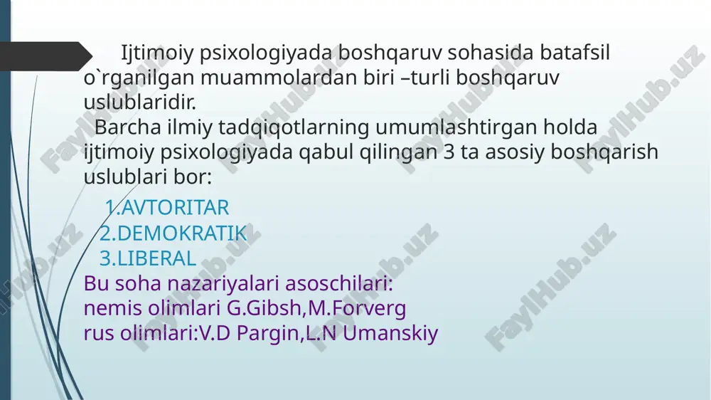 necha bosqichlarda kechadi: 1)o`zini-o`zi boshqara olish,rag`batlantirish, kuzatish,maqsad qo`ya olish hayoliy repetitsiyalar va kognitiv jahllar orqali o`zining mustaqil inson,shaxs ekanligini o`zida boshqalarga o`rnak bo`luvchi sifatlar borligini anglash 2)yuqorida qayd etilgan sifatlarning afzalliklarini o`zgalarga namoyish etib,uning afzalliklariga ishontira olish 3)hodimlariga o`zlarida tashabbus va o`ziga ishonch ni namoyon etish uchun sharoit yaratish 4)mustaqil qobiliyat egalari bo`lgan hodimlarini rag`batlantirish kerak bo`lganda tanbeh berish 5)o`z-o`zini boshqarishga asoslangan ijtimoiy faoliyat tashkil etib,ishlariga hadeb aralashmaslik. rahbarga zarur bo`lgan 4 ta “t” talant toqat temperament tinimsiz izlanuvchanlik rahbarlik sifatlari a)konseptual qobiliyat va xulq atvor standarti: -dunyoqarashning kengligi,global yondashuv -uzoqni ko`ra bilish va egiluvchanlik -tashabbuskorlik va dadillik,tavakkalchilikka moyillik -muntazam va o`z ustida ishlash,uzluksiz o`qish b)shaxsiy sifatlar -maqsad va yo`nalishlarni aniq belgilash -o`zgalar fikrini tenglash qobiliyati -holislik,samimiyat va bag`rikenglik -adolatli qaror chiqarish orqali xodimlarni joy-joyiga qo`yish -shaxsiy yoqimtoylik -jamoada uyg`un muhitni ushlab turish qobiliyati c)salomatlik rahbar bir joyda ko`p ishlasa,uning o`ziga xos ijobiy va salbiy tomoni yuzaga keladi. ijobiy-rahbar jamoani,jamoa …