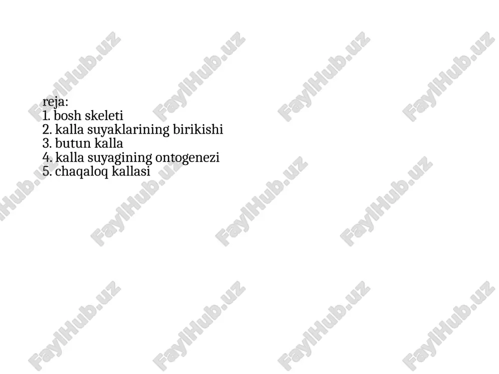 dalang domboqcha va ko’rish nervlari joylashgan. ular ikkala tomonda koz boshligiga ochiladigan korish kanalchalari teshigiga tutashadi. p-suyagining ikki yonida uyqu arteriyasi j,dgan egatcha bor. o’ng tomodagi boshliq chap tomondagi boshliqdan sagittal to’siq orqali ajralgan. bu boshliqlar (kovaklar) burn boshligiga ochiladi p-suyak tanasi orqali ensa suyagiga birikadi. kichik qanot bilan katta qanot oraligda j.gan, yuqori koz yorigi, koz kosasini miya boshligiga qoshb turadi. p-suyak ning katta qanotning oldingi chekkasi yuqoriga tomon davom etib peshona suyagi b,n birlashadi. chakka suyagi 1 juft palla (tangasimon) nog’ora piramida (toshsimon) so’rg’ichsimon yangi tug’ilgan chaqoloqlarda alohida b/b, 1 yoshga yetganda 1 butn chakkas suyagini h.q.di tangasimon palla qismining ichki yuzasida miya egatlari izlari bor. tashqi yuazasi silliq, undan chqadigan yanoq o’sig’i yanoq suyagi b,n birlashadi. pastroqda pastki jag’ b,n bo’g’im tuzadigan chuqurcha joylashgan qismi, chakka suyagining tashqi eshituv yo’lini oldingi pastki va qisman orqa tomondan chegaralb turadi. qattiqroq tuzulgan, piramidabag’rida eshituv va muvozanat azolari j,gan. oldingi …