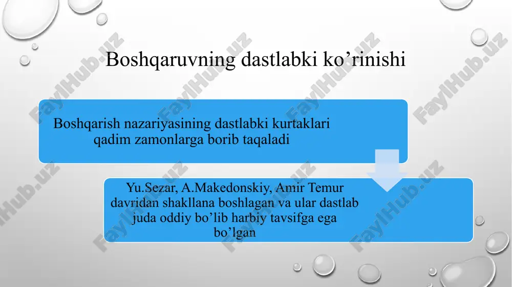 olish. menejment yuzaga kelishi kapitalizm tizimining dastlabki davrida tadbirkor, mulk egasi ishlab chiqarishni o’zining shahsiy tajribasiga asoslanib boshqargan. xviii-asr oxirlarida angliyada bo’lgan sanoat inqilobi boshqaruviga bo’lgan qiziqishni yanada kuchaytirdi.boshqarub xodimlarini tayyorlashga alohida e’tibor berila boshlandi. xix- asrning ii-yarmi va xx- asrga kelib texnika va texnologiya juda rivojlanib ketdi. ishlab chiqarish keskin rivojlanib, boshqaruv murakkablashdi. natijada mahsus bilim talab etuvchi, faoliyatning mahsus sohasi shakllandi. ushbu muammolarni hal etish uchun boshqaruv sohasidagi tajribalarni umumlashtirish, ishlab chiqarish va xodimlarni boshqarishning samarali usullarini izlashga olib keldi. natijada boshqaruv to’g’risidagi fan vujudga keldi. boshqaruv evolyutsiyasi bosqichlari 1. sanoat boshqaruvining birinchi nazariyalarini shakllantirish 1830-1885 2. ilmiy boshqaruv maktabi 1885-1920 3. klassik (ma'muriy) maktab 1920-1950 4. "inson munosabatlari" maktabi (inson munosabatlari va xulq-atvor fanlari maktabi) 1930-1950 5. miqdoriy, tizimli yoki zamonaviy menejment maktabi 1950 hozir. vaqt 6. jarayon yondashuvi tizim yondashuvi vaziyat yondashuvi "ishlab chiqarish demokratiyasi"tushunchasi 1950 hozir. vaqt 1955 hozir. vaqt 1960 hozir. vaqt 1980 hozir. …