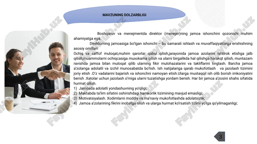 zaxidov. — toshkent: «o‘zbekiston faylasuflari milliy jamiyati» nashriyoti, 2018 “ta’sir psixologiyasi” robert chaldini info capital books nashriyoti, 2022 o‘zbekiston respublikasining mehnat kodeksi 30.04.2023 yildagi yangi tahriri o’zbekiston respublikasi konstitut siyasi boshqaruvda direktor (menejer)ning jamoa ishonchini qozonishdagi muhim omillar boshqaruvda direktor (menejer)ning jamoa ishonchini qozonishda: – smart mezonlar, aniq maqsadlarni belgilash, ishonch muhitini yaratish, kasbiy ko‘nikmalarni rivojlantirish hamda rag‘batlantirish orqali xodimlar ishonchini qozonish maqsad 5 boshqaruvda direktor (menejer)ning jamoa ishonchini qozonishdagi muhim omillar vazifa 6 ochiq muloqotga erishish. rahbar o‘z xodimiga fikrini bayon qilishiga imkon berishi faoliyatga doir qarorlarni qabul qilishda oshkoralik, shaffoflik va adolatni ta’minlash xodimlar erishgan muvvaffaqiyatlarni o‘z vaqtida e’tirof etish va rag‘batlantirish rahbar fidoyi, ma’suliyatli, qat’iyatli, jur’atli, jamoasi manfaati yo‘lida jonkuyar bo‘lishi boshqaruvda direktor (menejer)ning jamoa ishonchini qozonishda muhim omillar amerika qo‘shma shtatlarida–kompaniya rahbarlari jamoa ishonchini qozonishda ochiq kommunikatsiya va shaffoflikka katta e’tibor qaratadilar. “leadership” (yetakchilik) kurslari orqali menejerlar o‘z jamoalariga qanday ishonch bildirishi va o‘zgarishlarga qanday moslashishi …