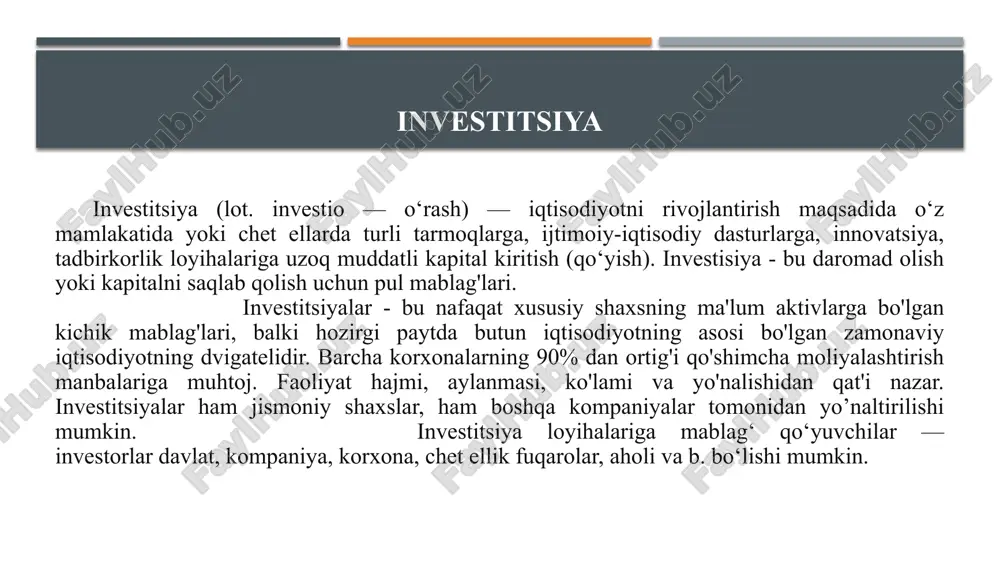 ri ushbu turdagi sarmoya eng mashhur va keng tarqalgan hisoblanadi. moliyaviy sarmoyalar - bu investor daromad olish maqsadida turli xil investitsiya vositalaridan foydalanadigan jarayondir. portfel investitsiyasi bu qimmatli qog'ozlarga investitsiya kiritishning bir shakli bo'lib, unda daromad qimmatli qog'ozlar qiymatining o'sishidan kelib chiqadi. narxlarning kafolatlangan o'sishi foydani ta'minlaydi va mumkin bo'lgan yo'qotishlarning kamayishi kapitalni malakali taqsimlash hisobiga sodir bo'ladi. intelektual sarmoyalar intellektual investitsiyalar quyidagi shaklda amalga oshiriladi: mutlaq foydalanish huquqini olish — patent, ixtiro litsenziyalari, sanoat namunalari, tovar belgilari sotib olish; shartnoma bo'yicha yoki bir martalik axborot xizmatlarini sotib olish shaklida turli xil mutaxassis — olim va amaliyotchilarni yollash orqali axborot xizmatlarini sotib olish (maslahat, ekspertiza, tavsiyalar va h. k.); ilmiy-texnik mahsulotlar, ya'ni intellektual tovarlarni moddiy shaklda sotib olish (loyiha-smeta hujjatlari, dasturlar, texnikalar, nou-xau); inson kapitaliga investitsiyalar, ya'ni ta'lim, kadrlar tayyorlash va qayta tayyorlash, o'qitish va shunga o'xshash xarajatlar. investitsiyalar texnologik, texnik yoki badiiy bo'lishi mumkin. ikkinchisi, masalan, tovar belgisi yoki …