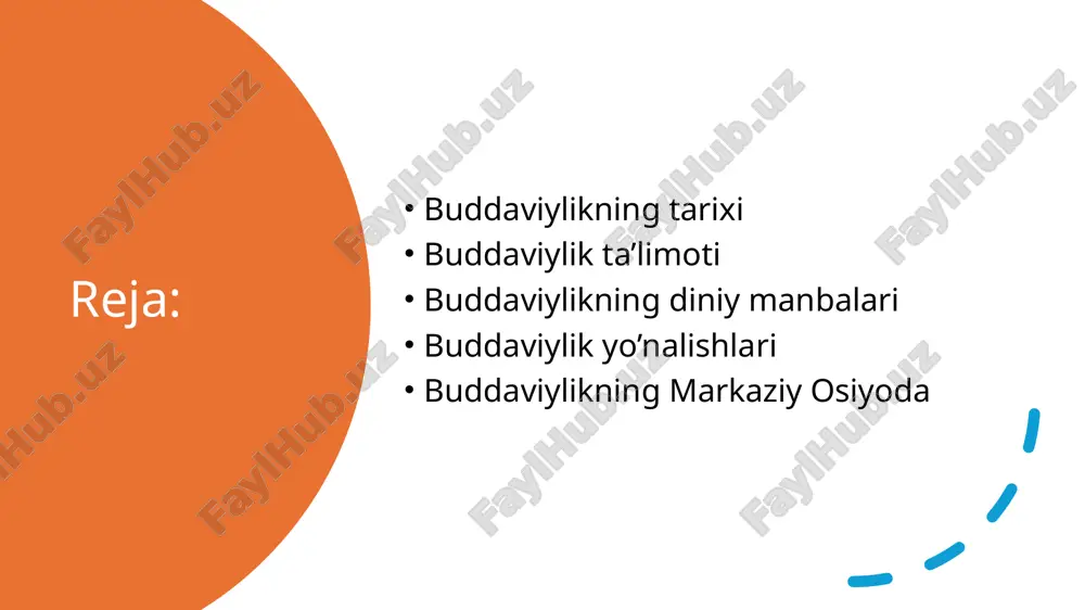 va hissiyotga berilmaslikda ham aks etgan. buddaviylik ta’limotiga ko’ra 3 olam mavjud: 1-olam: nirvana- “ko’chish, so’lish”- unda odam barcha tashvishlardan ozod bo’ladi, hech bir istak-xohishlarga o’rin qolmaydi 2-olam: rupaloka- “jannat”-”boddxistvatlar” (mohiyati bilim bo’lgan inson) istiqomat qiladigan joy. unga amitabha-buddaning biri hukmronlik qiladi. 3-olam: kamolaka- “do’zax”-eng quyi olamdir. bu yerda odamlar va hayvonlar yashaydi. olamning bu qismida ruh qafasda yashaydi buddaviylik ta’limoti 4 ta asosiy qarash mavjud: 1) “azob–uqubat haqidagi haqiqat”. 2) “azob–uqubat sabablari haqidagi haqiqat”. 3) “azob–uqubatlardan xalos bo‘lish haqidagi haqiqat”. 4) “azob–uqubatlardan qutulishning najot yo‘llari haqidagi haqiqat”. buddaviylar har oyda ikki marta “tiyilish kuni” marosimini o‘tkazadilar. ibodatdan oldin muattar hid taralib turishi uchun budda haykali atrofiga gullar qo‘yilib, shamlar yoqilgan. ibodat budda haykaliga qarab bajariladi. buddaviy rohiblar muqaddas kitobdan parchalar o‘qishadi. marosim tugagach, rohiblar ibodatga kelgan kishilar ustiga, ular o‘z navbatida yerga suv sepadilar. shu yo‘l bilan rohiblar bilan oddiy kishilar o‘zlaridagi yaxshi hislatlarni o‘zaro baham ko‘rishga intilishlarini namoyish …