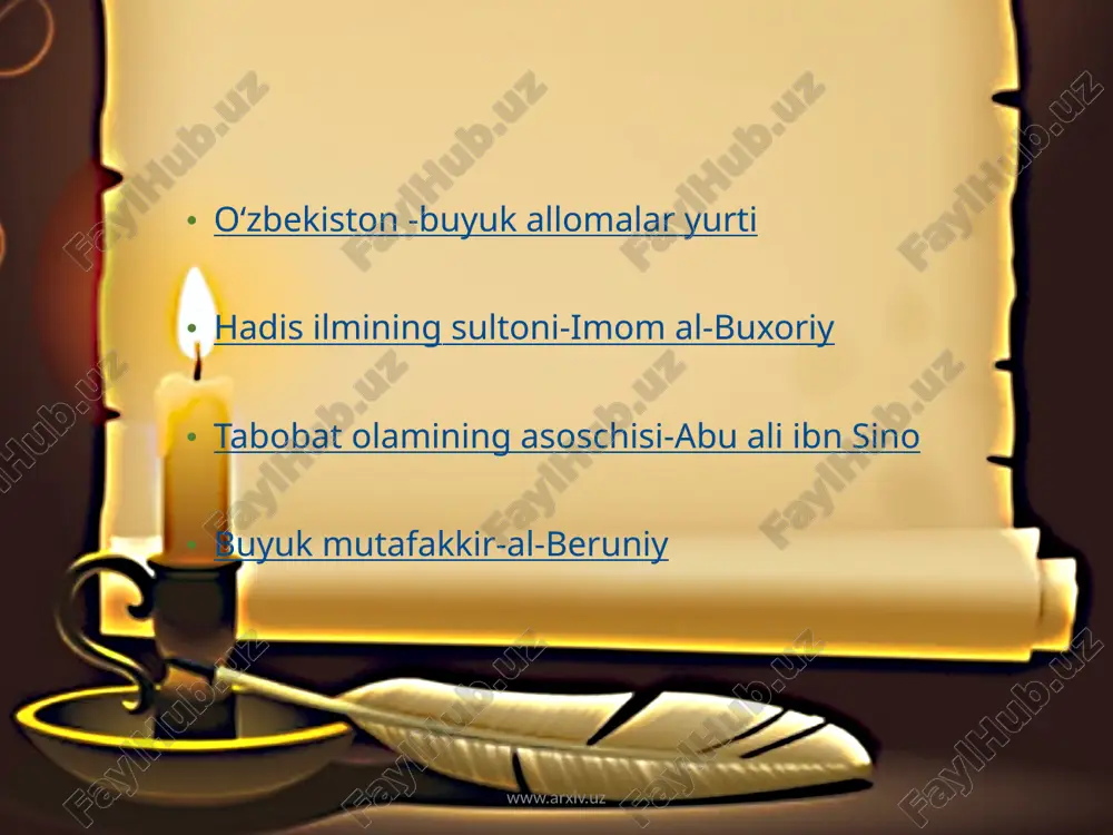 ibn bardazbeh al - juafiy al - buxoriy bo'lib, u hijriy hisobda 194 yil shavvol oyining 13-kuni (810 yil 20 iyul)da buxoro shahrida tavallud topgan. boshqa ko'pgina olimlardan farqli o'laroq al-buxoriy tug'ilgan sana aniq ko'rsatilishiga sabab shuki, uning otasi ismoil o'z davrining ilmli odamlaridan bo'lib, o'g'lining tug'ilgan kunini o'z qo'li bilan yozib ketgan qog'oz zamondosh olimlar ixtiyoriga yetgan va shu xususda ham uning aniqligiga hech shubha yo'q. al-buxoriy yoshligidanoq otasi vafot etib, onasi tarbiyasida o'sgan. www.arxiv.uz u yoshligidan aql —idrokli, o'tkir zehnli va ma'rifatga havasi kuchli bo'lib, turli ilm-fanlarni, ayniqsa, hadis ilmini zo'r qiziqish bilan egallaydi. 825 yili o'n olti yashar al-buxoriy onasi va akasi ahmad bilan hijozga qarab yo'l tutadi, muqaddas shaharlar makka va madinani ziyorat qilib, olti yil hijozda yashab, hadis ilmidan o'z bilimini yanada oshirish maqsadida o'sha paytda ilm-fanning yirik markazlaridan hisoblangan damashq, qohira, basra, kufa, bag'dod kabi shaharlarda yashab, u joylardagi mashhur olimlardan hadis bilan bir …