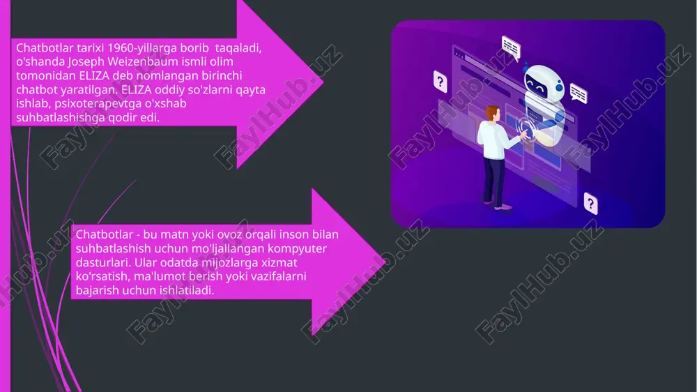 eng qo'llanilish: mijozlarga xizmat, marketing, sog'liqni saqlash, ta'lim va boshqa sohalarda. avtomatlashtirish: kundalik vazifalarni avtomatlashtirish, xarajatlarni kamaytirish. shaxsiylashtirish: har bir foydalanuvchiga moslashtirilgan xizmatlar. texnologik rivojlanish: nlp, ml va ovozli interfeyslar yordamida yanada aqlli va qulay chatbotlar. natija: samaradorlikning oshishi va foydalanuvchi tajribasining yaxshilanishi. virtual yordamchi - bu sun'iy intellekt (ai) texnologiyalari, jumladan tabiiy tilni qayta ishlash (nlp) va mashinalarni o'rganish (ml) asosida yaratilgan dastur yoki qurilma. u foydalanuvchining ovozli yoki matnli buyruqlarini tushunadi, ularga javob beradi va turli xil vazifalarni bajarishga qodir. virtual yordamchilar kundalik hayotda yordam berish, ma'lumot qidirish, qurilmalarni boshqarish va boshqa ko'plab ishlarni osonlashtirish uchun mo'ljallangan. ular smartfonlar, smart-kolonkalar, kompyuterlar va boshqa qurilmalarda mavjud bo'lib, foydalanuvchilar bilan tabiiy va qulay tarzda muloqot qilish imkoniyatini beradi. vertual yordamchilar tarixi : ilk qadamlar (1960-1990 yillar): virtual yordamchilarning ilk prototiplari sun'iy intellekt va tabiiy tilni qayta ishlash sohasidagi tadqiqotlar natijasida yaratilgan. eliza (1966) va shrdlu (1968) kabi dasturlar inson bilan …