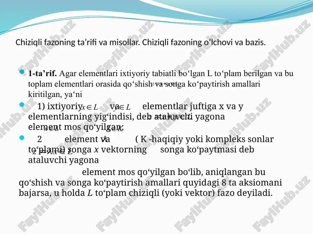 sonlarni qoʻshish va koʻpaytirish amallariga nisbatan chiziqli fazo tashkil qiladi. 2-misol. barcha kompleks sonlar toʻplami kompleks sonlarni qoʻshish va koʻpaytirish amallariga nisbatan chiziqli fazo tashkil qiladi. 3-misol. oldingi mavzularda koʻrgan fazolar n oʻlchovli vektorlarni qoʻshish va songa koʻpaytirish amallariga nisbatan chiziqli fazo tashkil qiladi. 2-ta’rif. l chiziqli fazodan olingan elementlar va sonlar yordamida qurilgan ifodaga elementlarning chiziqli kombinatsiyasi deyiladi. 3-ta’rif. agar tenglik oʻrinli boʻlsa, u holda y element elementlarning chiziqli kombinatsiyasidan iborat deyiladi. 4-ta’rif. agar koeffitsiyentlardan hech boʻlmaganda bittasi noldan farqli boʻlganda tenglik oʻrinli boʻlsa, u holda elementlar chiziqli bogʻliq deyiladi. 5-ta’rif. agar l chiziqli fazoda n ta chiziqli erkli elementlar mavjud boʻlib, har qanday n + 1 ta element chiziqli bogʻliqli boʻlsa, u holda l chiziqli fazoning oʻlchovi n ga teng deyiladi. 6-ta’rif. n oʻlchovli l chiziqli fazoda har qanday n ta chiziqli erkli vektorlar sistemasi bu fazoning bazisi deyiladi. chiziqli fazo elementini bazis bo’yicha yoyish. 5- ta’rif. agar …