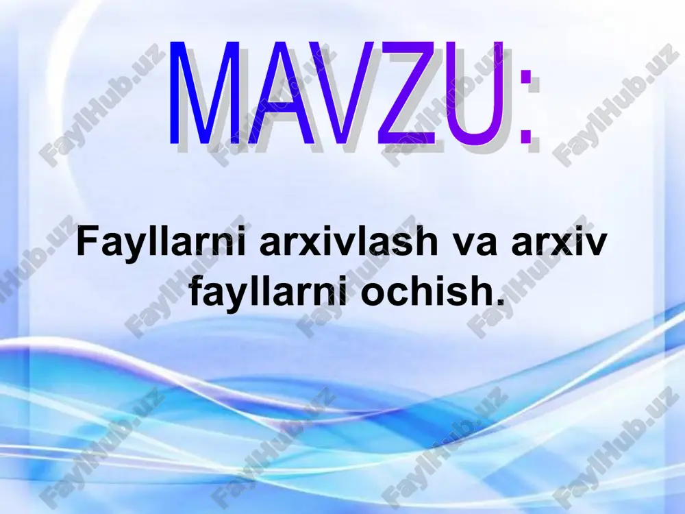 topib, ularning o'rniga boshqa biror ma'lumotni yozish hamda ularning ketma-ketligini aniq ko'rsatishdan iboratdir. bundan ko'rinadiki, turli fayllar uchun ularning siqilganlik darajasi turlicha bo'ladi. masalan, matn yozilgan fayllar 2 martagacha siqilsa, rasmlarni tasvirlovchi fayllar to'rt, hatto besh martagacha siqiladi. dasturlar ifodalangan fayllar esa juda kam—1% ga yaqin siqiladlpafiba-qilib aytganda arxivlash dasturlari fayllar hajmini 1,5-2 barobar qisqartirishga imkon beradi. arxivlash dasturlari qo’llaniladigan matematik usullar, arxivlash, arxivni ochish tezligi va eng asosiysi siqish samaradorligi bilan bir-biridan farq qiladi. arxivlash dasturlaridan yetarli darajada tez va yaxshi ishlaydiganlari pkzip, lharc, arj, rar dasturlaridir. win rar, pkzip, arj arxiv fayl yagona faylga birlashtirilgan bir yoki bir necha faylninj siqilgan holdagi ko'rinishi bo'lib, undan kerakli hollarda fayllarni dastlabk ko'rinishda chiqarib olish mumkin. arxiv fayli undagi fayllar nomlarin ko'rsatuvchi mundarijaga ega bo'ladi. pkzip / pkunzip va arj dasturlari arxiv fayllarining nomlari odatda quyidagi kengaytmalarga ega bo'ladi: zip - pkzip / pkunzip dasturlari arxiv fayllari uchun; arj — arj …