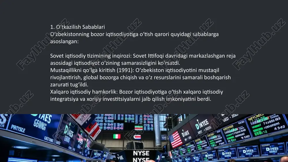 irlar kuchaytirildi. 3-bosqich (2016-yildan hozirgi kungacha): faol modernizatsiya valyutani erkinlashtirish (2017): valyuta kursi erkin bozorga moslashtirilib, xalqaro moliyaviy operatsiyalar soddalashtirildi. biznesni qo‘llab-quvvatlash: tadbirkorlikni rivojlantirish uchun soliqlar kamaytirildi va litsenziyalash jarayonlari soddalashtirildi. davlat korxonalarini isloh qilish: strategik bo‘lmagan sohalardagi davlat korxonalarini xususiylashtirish ishlari kuchaytirildi. xalqaro hamkorlik: jahon banki, xalqaro valyuta jamg‘armasi va boshqa tashkilotlar bilan hamkorlikni mustahkamlash bozor iqtisodiyotiga o‘tish jarayonini tezlashtirdi. 3. bozor iqtisodiyotiga o‘tishning xususiyatlari evolyutsion yondashuv: o‘zbekiston islohotlarni bosqichma-bosqich amalga oshirdi va ijtimoiy barqarorlikni saqlashni birinchi o‘ringa qo‘ydi. davlatning faol ishtiroki: davlat iqtisodiyotni boshqarishda muhim rol o‘ynashda davom etdi, bu jarayonda asosiy sektorlarda ishonchni saqlab qoldi. milliy manfaatlarni himoya qilish: tashqi islohotlar milliy manfaatlar va an’anaviy qadriyatlarni hisobga olgan holda amalga oshirildi. eski iqtisodiy tizimdan yangi iqtisodiy tizimga átish jarayoni markaziy rejalashtirilgan iqtisodiyotdan bozorga átish jarayoni ózbekiston uchun katta o'zgarishlarning boshlanishi bo'ldi. bu jarayon davomida davlatning rolini kamaytirish, xususiy sektorni rivojlantirish, bozor mexanizmlarini joriy etish kabi choralar amalga …