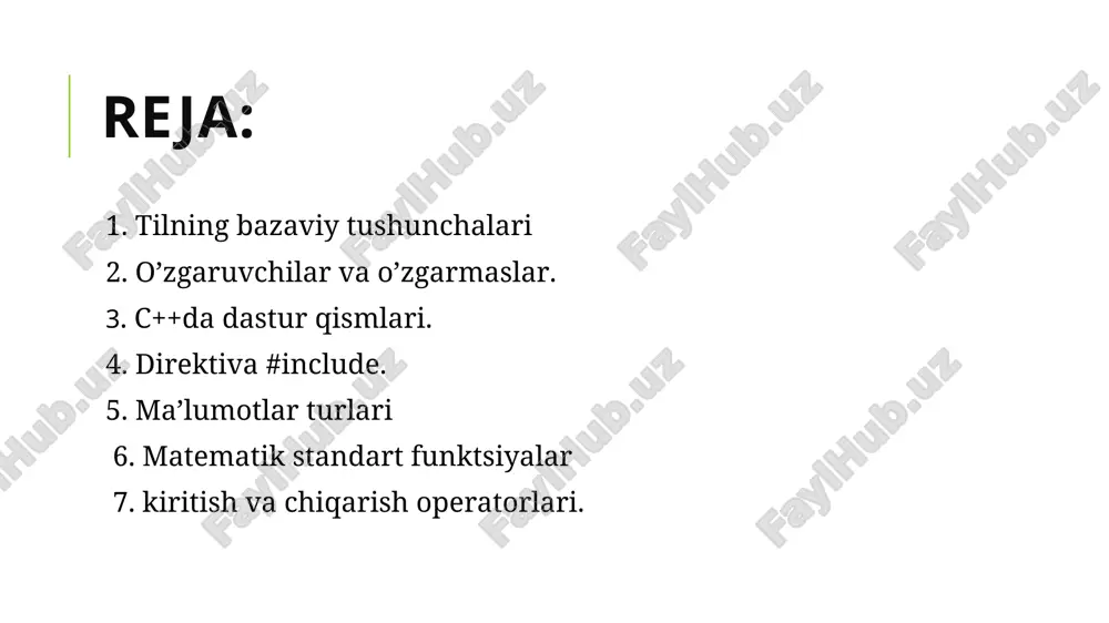 iqdordir. agar miqdor dasturda ko’p marta ishlatilsa, uni dastur matnida qayta - qayta yozgandan ko’ra, bu miqdorni o’zgarmas deb aniqlab olib, dasturdagi miqdorni o’rniga o’zgarmasni ismini yozish qulay bo’ladi. masalan, hammaga ma’lum  (=3,1415926535…) soni. bu sonni bir necha marta takroran dasturda yozish noqulay, shuning uchun, uni o’zgarmas sifatida aniqlab olish maqsadga muvofiqdir. o’zgarmas const xizmatchi so’zidan keyin e’lon qilinadi (aniqlanadi). masalan: const = ; c++ da dastur qismlar direktiva #include direktivalar # - funta belgisi bilan boshlanuvchi c++ dasturlash tilining asosiy buyruqlaridan hisoblanadi. fayllardan matnlar qo’shish uchun 3 shaklga ega bo’lgan #include operatori qo’llaniladi: #include #include “fayl nomi” #include makros nomi direktiva #include c++ dasturlash tilining standarti bo’yicha *.h suffiksi kutubxonaga tegishli funktsiyalarning prototiplari hamda, tiplar va konstantalar ta’rifi joylashgan fayllarni ko’rsatadi. bunday fayllarni sarlavhali fayllar deb ataladi. kompilyator kutubxonalari bilan ishlashga mo’ljallangan sarlavhali fayllar ro’yxati til standartida ko’rsatilgan bo’lib bu fayllar nomlari tilning hizmatchi so’zlari hisoblanadi. quyida shu …