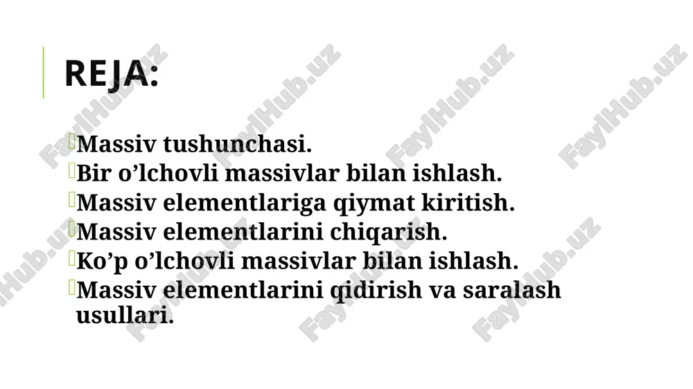 i skalyar miqdorlar bo'lgan edi. umumiy holda esa, massiv hadlari o'z navbatida yana massivlar bo'lishi mumkin, agar bu massivlar skalyar miqdorlar bo'lsa, natijada ikki o'lchamli massivlarni hosil qilamiz. ikki o'lchamli massivlarga misol sifatida matematika kursidagi matritsalarni keltirish mumkin. agar bir o'lchamli massivning hadlari o'z navbatida matritsalar bo'lsa natijada uch o'lchovli massivlar hosil qilinadi va h.k. ikki o'lchamli massiv tipini ko'rsatish quyidagicha bajariladi: [ ][ ]; misol: int a[1][1] double b[10][15] char c[n][m] 4 – misol: matritsalarni qo'shish. #include using namespace std; const int n = 3; int main() { int a[n][n], b[n][n], c[n][n]; for(int i = 0; i > a[i][j]; } } for(int i = 0; i > b[i][j]; } } for(int i = 0; i using namespace std; const int n = 3; int main() { int a[n][n], b[n], c[n]; for(int i = 0; i > a[i][j]; } } for(int i = 0; i > b[i]; } for(int i …