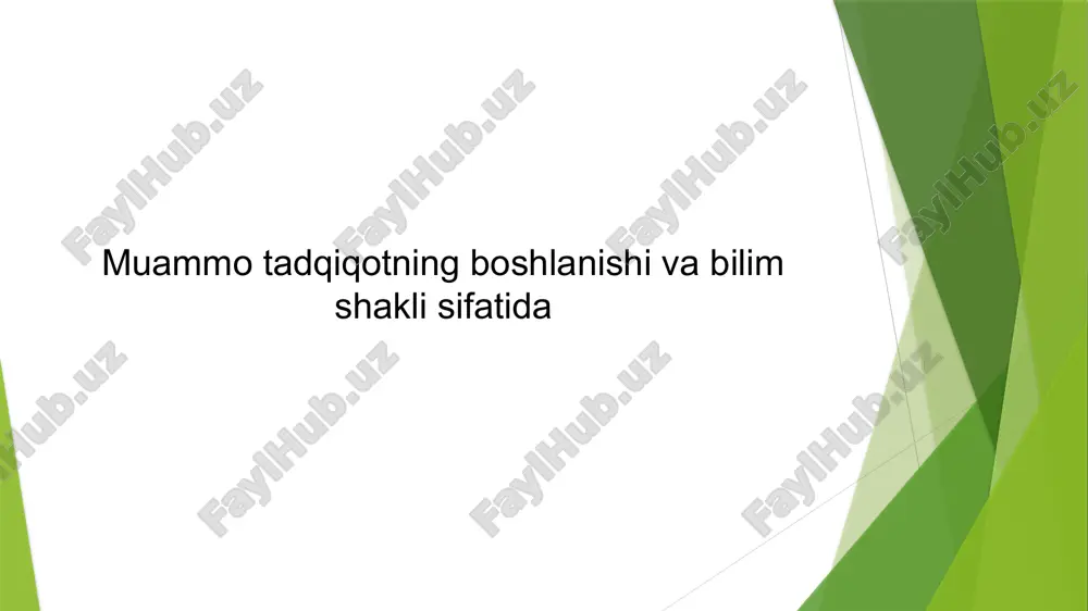 ari, ijobiy jihatlari va qo'lga kiritiladigan asoslarini aniqlashda juda muhim ahamiyatga ega. • tadqiqot muammolarini tushunish usullari - tadqiqot muammolarini tushunish uchun, shunchaki, tadqiqotchining maqsadini to'liq tushunish, muammolarni zarur merosiylisi bilan belgilash va ularni echish uchun biror axborot yoki ma'lumot ko'rsatish kerak. • tadqiqot muammolari tushunchasining ahamiyati - tadqiqot muammolari muammo tadqiqotini yechish metodi va jarayoni. • muammo tadqiqotining tanilishi - muammo tadqiqotining maqsadi va muhimligi • muammo tadqiqotining o'ziga xosliklari - muammo yechish jarayonining bosqichlari va asosiy bosqichlari muammo tadqiqotining rivojlanishi va natijalarga tayyorgarlik. • tadqiqotning muhim ahamiyati - muammolar yechim qiluvchi, ilmiy sabablar uchun muhimdir. • muammolar yechimi va ularning rivojlanishi - tadqiqotchilar o'zlarini murajjatga kirishlari va muammolar yechimini izlashlari kerak. • tadqiqotchilar rivojlanishiga tayyorgarlik - tadqiqotchilar ko'proq sabr, ilm-fan bilimlari va tajribaga ega bo'lishlari kerak. • natijalar olish uchun tayyorgarlik - natijalar olishdan oldin kerakli bilim va tajriba ega bo'lish zarur. muammo tadqiqotida natijalar haqida xulosa va …