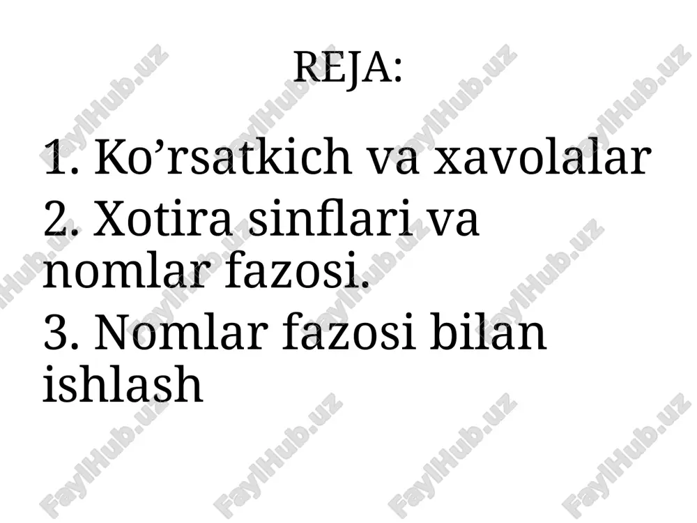 registriga (registri protsessora) qo’shib qo’yish uchun ishlatiladi va bu dasturni bajarilish tezligini oshirishga hizmat qiladi. static — statik o’zgaruvchilar (lokal). 1) agar statik o’zgaruvchi – funksiya ichida bo’lsa: bunday o’zgaruvchilar uchun ko’rinish sohalari odatiy (funksiya ichida), lekin bunday o’zgaruvchilarning yashash vaqti “doimiy” dir (qiymatlar funksiyalar chaqiruvlarida saqlanadi). 2) funksiya ichida static bo’lmagan qiymatlar aksincha hossalarga ega. extern — tashqi (global) o’zgaruvchi. tashqi o’zgaruvchilar dastur e’lon qilinganidan so’ng dasturning barcha sohasida ishlatilishi mumkin. extern kalit so’zi orqali yaratilgan global o’zgaruvchilar dastur so’ngida yoki boshqa faylda ham e’lon qilingan bo’lsa uni ishlatish imkonini beradi. auto asosan local o’zgaruvchilar auto klassida e’lon qilinadi. ushbu o’zrgaruvchilar hotira stegida joylashadi va ko’rinish sohasi o’zi turgan blok bilan chegaralanadi. global o’zgaruvchilar auto o’zgaruvchi sifatida e’lon qilinishi mumkin emas chunku ular hotiraning data-segmentida joylashadi. register registr o’zgaruvchisini e’lon qilishimiz uchun biz kompilyatordan o’zgaruvchimiz registr hotirada joylashishini so’raymiz aks holda bizning o’zgaruvchimiz operativ hotiradan joy oladi. agar sharoit …