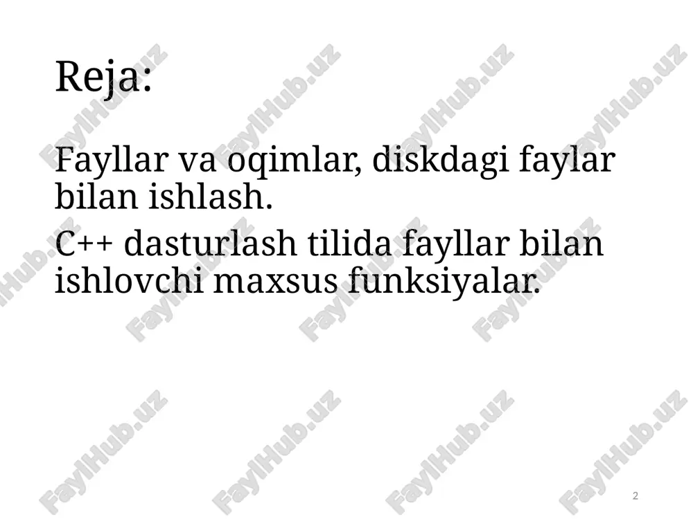 ilarni yozish ferror() – fayl bilan ishlashdagi xatolikni aniqlash feof() – fayl oxirini aniqlash fclose() – ochilgan faylni yopish. to‘g‘ri murojaatli fayllarni kiritish/chiqarish oqimlar yordamida fayllarni kiritish va chiqarishni boshqarish uchun ularni belgilab olishda yoki yaratishada to‘g‘ri murojaat qilinishi lozim bo‘ladi. to‘g‘ri murojaat qilish uchun quyidagi buyruqlar mavjud. in oqimini o‘qish uchun ochish (odatda ifstream) out oqimini yozish uchun ochish (odatda ofstream) trunc oqimini tozalash uchun ochish (odatda ofstream) app oqimini fayl oxiriga yozish uchun ochish ate oqimini o‘qish uchun yoki fayl oxiriga yozish uchun ochish binary oqimini ikkilik rejimida ochish (odatda matnli) matnlar fayllar matnli fayllarni yaratishda oldingi mavzudagi fayllrani oqimlar usuli bilan yaratish va ularni o‘qishda foydalanilgan funksiyalar va strukturalardan foydalaniladi. matnli fayllar bilan ishlash oldingi rejada ko‘rib o‘tilgan misolimizda yaqqol ko‘rinib turibdi. chunki, misolda kiritilgan so‘z berilgan fayllarga hech qanday o‘zgarishsiz yozilgan. talabalarning familiyasini faylga yozuvchi dastur yaratamiz. agar 0 soni kiritsak faylga yozish to‘htatilsin. binar fallar …