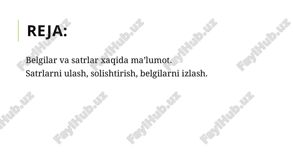 zgartiruvchi funksiyalar bu funksiyalar ishlashi uchub cstdlib kutubxonasi chaqiriladi funksiya prototipi vazifasi double atof(const char * c) c satrni xaqiqiy sonli toifaga aylantiradi int atoi(const char * c) c satrni butun sonli int tipidagi toifaga aylantiradi long atol(const char * c) c satrni butun sonli long tipidagi toifaga aylantiradi long long atoll(const char * c) c satrni butun sonli long long tipidagi toifaga aylantiradi satrni xaqiqiy butun songa aylantirish qatorlar xaqida ma’lumot c++ tili satrlarni yaratish va ularni boshqarish uchun standart string klassini ishlatadi. satrlar bilan amallar bajarilayotganda kerakli hotira maydoni avtomatik ajratiladi yoki o’zgartiriladi. dasturchi ichki hotirani taqsimlash haqida qayg’urmasa ham bo’ladi chunki bu kompilyator tomonidan bajariladi qatorlar xaqida ma’lumot qatorlar xaqida ma’lumot qatorlar xaqida ma’lumot qatorlar xaqida ma’lumot agar string tipi e’lon qilinmasa 0 chi uzunlikdagi bo’sh satr yaratiladi. satr uzunligi ya’ni satrda joylashgan simvollarni aniqlash uchun length( ) funksiyasidan yoki unga ekvivalent bo’lgan size( ) dan foydalaniladi. …