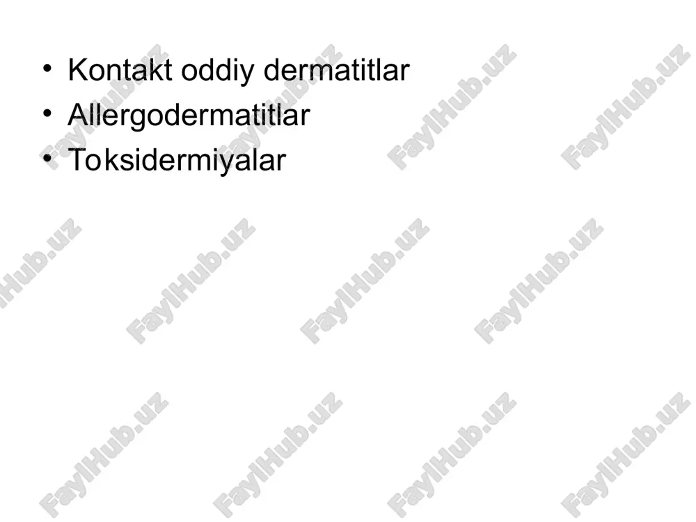 infekstiya qo’shilib pustulalar paydo bo’ladi. 5. pustulyoz toksikodermiya: ko’p hollarda galogen pereparatlarni; yod, brom xlor ftorni qo’llaganda rivojlanadi. asosiy morfologik element bo’lib pustula hisoblanadi. toshmalar asosan yuzda, ko’krak orqa kurak, sohalarida joylashadi. 6. bullyoz toksikodermiya: analgetiklarni, trankvilizatorlarni, antibiotiklarni, sulfanilamioz-larni qo’llaganda rivojlanadi. bullyoz toksikodermiyada eritematoz yuzada pufaklar paydo bo’ladi. (ko’p shaklli ekssudativ eritemada). pufaklar har xil kattalikda bo’lib gemorragik va yiringli ajralma saqlaydi. pufaklar tezda yorilib eroziyalar yuzaga keladi . (vulgar pemfigusga o’xshash) ko’p hollarda shilliq pardalar (ogiz, ko’z, genital) zararlanadi. 7. fiksastiyalangan toksikodermiya: sulfanilamidlarni, analgin, barbituratlarni antibiotiklarni qabul qilganda yuzaga keladi.kasallikda bir yoki undan ortiq ay-lana shaklli diametri 2- 5smli pushti rang doglar paydo bo’ladi. doglar tezda markaziy qismidan ko’kimtir tusga kiradi. yalligla-nish belgilari tarqala boshlagach, turgun qo’ngirrang pigmentastiya qoladi. bu doglarda ba’zan pufakcha va pufaklar paydo bo’lishi mumkin. bu dori preparatlarini yana qayta qo’llashlar oqibatida toshmalar oldingi paydo bo’lgan sohalarga toshadi. pigmentastiya kuchayib terining boshqa sohalarga tarqaladi. 8. aralash …