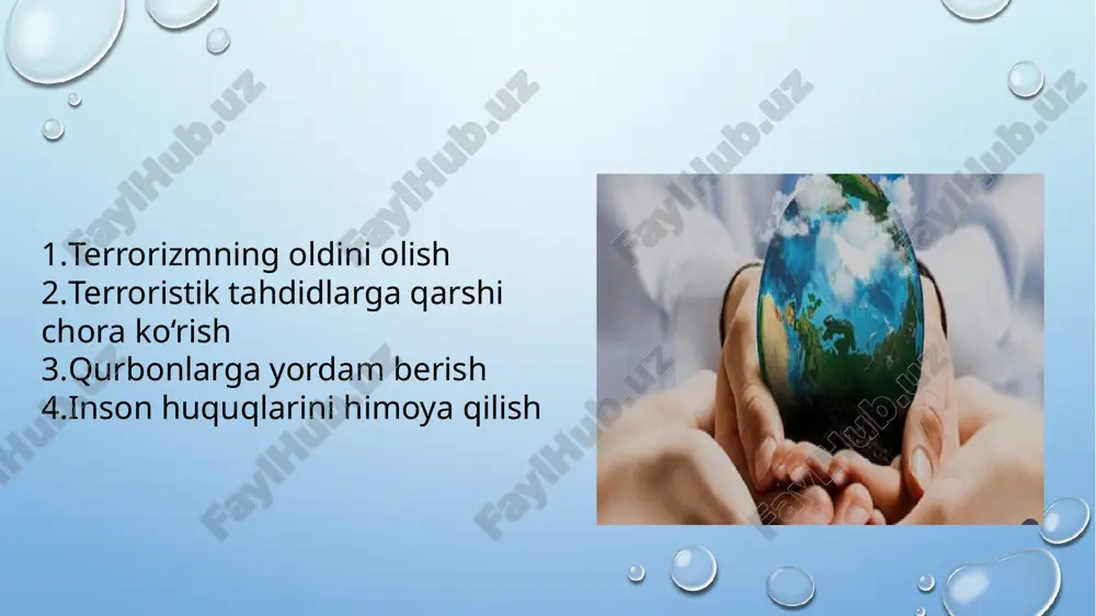 busi (2020) bmt giyohvand moddalar va jinoyatchilik bo‘yicha boshqarmasi (unodc) tomonidan yoshlarni zo‘ravon ekstremizmga qarshi kurashga jalb etish maqsadida: yoshlar tomonidan olib borilayotgan tashabbuslarni qo‘llab-quvvatlash; zo‘ravon ekstremizmning oldini olish bo‘yicha yoshlar yetakchiligidagi loyihalarni amalga oshirish; yoshlar orasida tinchlik va xavfsizlikni mustahkamlashga qaratilgan faoliyatlarni rivojlantirish kabi yo‘nalishlarda ish olib borilmoqda. tahdidlarga qarshi kurash ishlari ✅ bmt qilgan ishlari: 2001-yildan beri bmt xavfsizlik kengashi 1373-sonli rezolyutsiya orqali: davlatlarga terrorizmga qarshi qonunlar yaratish majburiyatini yukladi. interpol va bmt qo‘shma reyestri orqali terrorchilar ro‘yxati yuritiladi. bmt yordamida chegaralarda biometrik nazorat tizimlari joriy qilinmoqda. terrorchilikka qarshi moliyaviy choralar: fatf hamkorligi bilan shubhali tranzaksiyalar bloklanadi. 1. bmt xavfsizlik kengashining 1373-sonli rezolyutsiyasi (2001-yil) 2001-yil 11-sentabr voqealaridan so‘ng qabul qilingan. barcha davlatlarga terrorizmga qarshi qat’iy qonunchilik yaratish, terrorchilarni moliyalashtirish va boshpanalashga yo‘l qo‘ymaslik majburiyati yuklatilgan. shuningdek, terroristik guruhlar bilan aloqador shaxslarga qarshi xalqaro chora-tadbirlar ko‘rishni talab qiladi. 2. interpol + bmt qo‘shma reyestri interpol va bmt hamkorligida xalqaro …