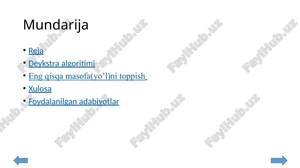 hak meshidagi geodezial masofani hisoblaydigan uzluksiz versiyasidir deykstra haqiqiy algoritmining funksiyalari turli modifikatsiyalar bilan kengaytirilishi mumkin. masalan, ba'zida matematik jihatdan maqbul bo'lmagan yechimlarni taqdim etish maqsadga muvofiqdir. kamdan-kamroq optimal yechimlar topilgan ro'yxatini olish uchun maqbul yechim avval hisoblab chiqilgan. optimal graf chizmasida ko'rinadigan bitta qirrali grafadan chiqariladi va bu yangi grafikka optimal yechim hisoblanadi. dastlabki graf chizmasida har bir qirrasi o'z navbatida bekor qilinadi va yangi qisqa yo'l aniqlanadi. keyinchalik, ikkilamchi graf chizmasida birinchi optimal graf chizmasida baholanadi va taqdim etiladi. deykstraning algoritmi, odatda, ulanish-davlat marshrutlash protokollari, ospf va is-is eng keng tarqalgan bo'lib turadigan ish printsipi hisoblanadi. deykstra algoritmidan farqli o'laroq, bellman-ford algoritmi gorizontal manba vertolyotidan salbiy siklga ega bo'lmasa, salbiy qirrali grafika bilan ishlatilishi mumkin. bunday aylanishlarning mavjudligi eng kichik yo'l yo'qligini anglatadi, chunki har bir siklda aylanish jarayonida umumiy og'irlik pastga aylanadi. deykstra algoritmini salbiy og'irlik chekkalarini bellman-ford algoritmiga (salbiy qirralarni olib tashlash va salbiy davrlarni aniqlash) …
