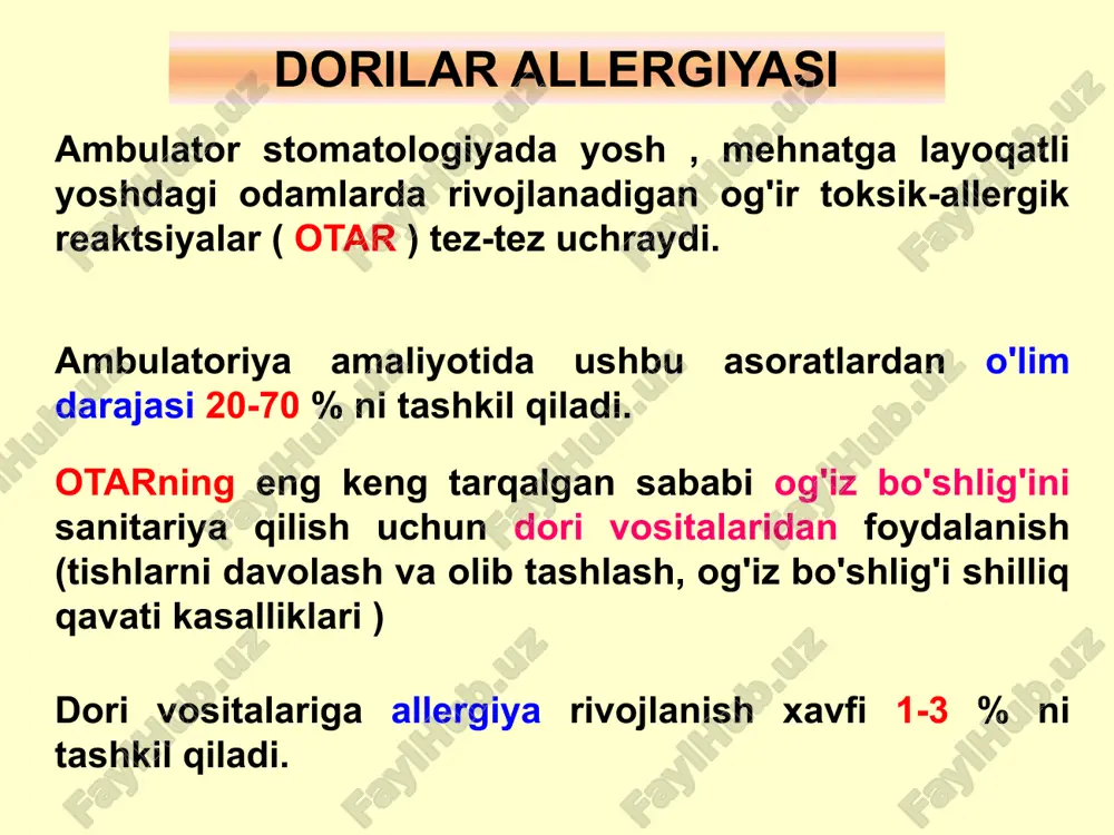 rganizmdagi aksariyat dori-darmonlar tanaga begona moddalar, ksenobiotiklar bo'lib, u yoki bu tarzda hujayra darajasida maxsus nasos mexanizmi ishlaydi , atp iste'moli bilan hujayralardan ksenobiyotiklarni chiqaradi . uning asosida ko'p dori-darmonlarga chidamlilik butun organizm darajasida ksenobiotiklardan himoyalanish ularning metabolik o'zgarishlari, suvda eruvchan shaklga aylanishi va chiqarilishi ksenobiotik - bu tananing ichki muhitiga juda oz miqdordagi dorilar tanani to'g'ridan-to'g'ri sezgirlashtirishi va o'zlarining tabiiy shaklida immunogen bo'lishi mumkin bular birinchi navbatda turli xil protein va polipeptid preparatlari allergiya keltirib chiqaradigan konservantlar , stabilizatorlar va aralashmalar mavjud hollarda , yuborilgan ksenobiotiklar, organizmga kiritilganda, mezbon organizmning oqsil molekulasi bilan aloqa qila olmaydi. ular prohaptens _ va gaptenlarga aylanadi (faqat metabolik o'zgarishlar jarayonida ), bu to'liq huquqqa aylanishi mumkin ag hapten-tashuvchi + oqsil kompleksiga birlashadi mezbon organizm metabolizm sodir bo'ladigan asosiy sayt ksenobiotiklar - bu jigar . birinchi bosqichda sitoxrom p 450 tizimiga mansub ferment yordamida ksenobiotik molekula tarkibiga funktsional guruhlar kiritiladi yoki maskalanadi metabolizmning bu …