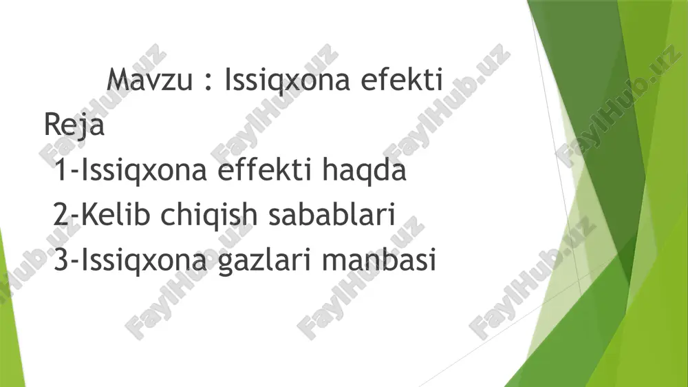 bularga qazilma yoqilgʻilarining yonishi, koʻmir konlarining oʻzlashtirilishi kiradi. ikkinchisi, tabiiy, ular ikkinchi darajali taʼsir koʻrsatadi.tabiiy issiqxona gazlarining asosiy qismi vulqon otilishi natijasida atmosferaga qoʻshiladi. shuningdek yirik oʻrmon yongʻinlari oqibatida ham hosil boʻladi. quyosh nurlarining koinotga qaytib chiqib ketmasligi oqibatida yer yuzi meʼyoridan ortiq qiziydi. ushbu hodisa oqibatida sutkalik eng yuqori va eng past harorat orasidagi farq kichik boʻladi. bu esa yer yuzida issiqlikning keskin oshishiga olib keladi. yer yuzida oʻrtacha haroratning ortishi oqibatida qutb muzlari eriydi, bu esa dengiz sathining koʻtarilishiga olib keladi. natijada bir qancha orollar suv ostida qoladi. quruqlikda esa choʻllashish hodisasi kuzatiladi.[1] atmosferada issiqxona effektini keltirib chiqaruvchi gaz miqdorining ortishi sayyoradagi tabiiy issiqlik muvozanatini buzadi. flora va fauna dunyosining keskin issiqlik oʻzgarishiga tez moslasha olmasligi sababli tabiatga yirik miqyosda zarar yetadi. shuningdek aholi zich joylashgan shaharlarda aksariyat qariyalar va surunkali kasali bor qatlam jaziram issiqda aziyat chekadi. aholi sogʻligiga issiqlikning keskin oshishi salbiy taʼsir koʻrsatadi. xulosa men …