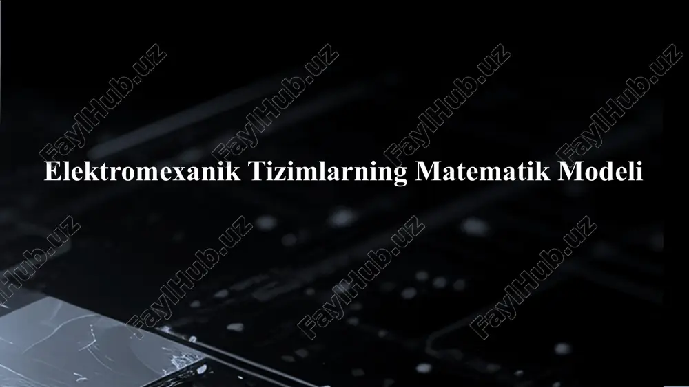 mning chastota xususiyatlarini tahlil qilishda qulaydir. holat fazosi usuli tizimning holatini bir nechta o'zgaruvchilar orqali ifodalash uchun ishlatiladi. holat fazosi usuli, murakkab tizimlarni tahlil qilishda samaralidir. matematik modellashtirish, tizimlarning xatti-harakatini tushunish va bashorat qilish uchun zarurdir. ushbu usullar yordamida, tizimlarning dinamik xususiyatlarini aniqlash, nazorat qilish tizimlarini loyihalash va simulyatsiya qilish mumkin. elektr manbai – tizimga elektr energiyasi beradi. elektr yuritma (motor) – elektr energiyasini mexanik energiyaga aylantiradi. mexanik yuk (ishchi mexanizm) – motor tomonidan ishlab chiqarilgan aylanish momentini bajarilishi kerak bo‘lgan ishga yo‘naltiradi. boshqaruv tizimi – tizim ishini kerakli tarzda boshqaradi va sozlaydi. o‘zgartgich (invertor, chastota o‘zgartgich) – elektr signallarini kerakli shaklga keltiradi. sensorlar – tizim parametrlarini o‘lchaydi va boshqaruv tizimiga qayta aloqa beradi. aktuatorlar: mexanik harakatni uzatish uchun javobgar bo'lgan komponentlar. boshqaruv qurilmalari: tizimni nazorat qilish va boshqarish uchun mo'ljallangan elektron komponentlar. 2. elektromexanik tizim elementlari va ularning vazifalari 3. elektrik qismining matematik modeli elektrik mashinaning stator o‘ramlaridagi elektr …