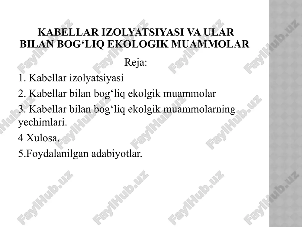 . moyi oqmaydigan kabel qog‘oz izolyatsiyasining qalinligi 2-jadvalda keltirilgan. 2-jadval moyi oqmaydigan kabel qog‘oz izolyatsiyasining qalinligi plastmassa izolyatsiyali kabel uzluksiz qatlamga ega bo‘lgan holda polivinilxlorid plastikati (gost 5960–72) yoki polietilen kompozitsiyasi (gost 16336–77) asosida tayyorlaniladi. quyidagi 3-jadvalda plastmassa izolyatsiyali kabel faza izolyatsiyasining qalinligi keltirilgan. 3-jadval plastmassa izolyatsiyali kabel faza izolyatsiyasining qalinligi quyidagi 4-jadvalda kuchli kabel rezina izolyatsiyasining qalinligi keltirilgan. rezina izolyatsiyasining qalinligi polivinilxlorid plastikati (pvx) kimyoviy aktiv muhit ta’siriga yuqori darajada bardoshligi bilan ajralib turadi. u yuqori haroratga, ko‘pgina kislota, ishqor va organik erituvchilar ta’siriga chidamlidir. kabel izolyatsiyasi va qobig‘ida qo‘llaniladigan polivinilxlorid plastikatining ko‘pgina turlari azot kislotasi, benzin, kerosin, neft moylari ta’siriga bardoshlidir. pvx plastikatni tarkibida ftor, vodorod, kislorod, azot, xlor, hamda ishqor va tuzlar ta’sir etmaydi. bu esa izolyatsiyasi va qobig‘i polivinilxlorid plastikati asosida bo‘lgan kuchli kabellarni agressiv muhitli havo, yer va boshqa sharoitlarda yaxshi ekspluatatsiyasini ta’min etadi. shu bilan bir qatorda polivinilxlorid plastikati dixloretan, benzol,nba’zi organik erituvchi va …