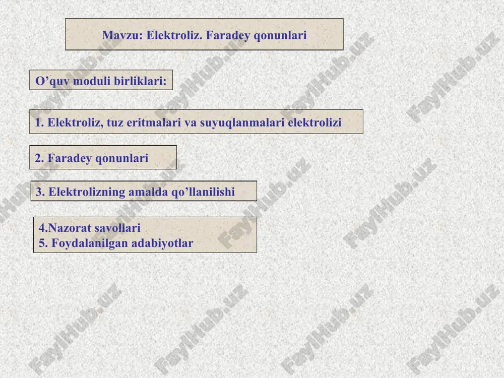 rilish jarayoni ionlarning oksidlanish–qaytarilish potensiallari qiymatiga bog’liq. kislotali eritmalardan vodorodni ajralib chiqishi vodorod ionlarining zaryadsizlanishi hisobiga boradi. neytral va ishqoriy eritmalarda suv molekulalari qaytariladi: masalan: nacl suvdagi eritmasini elektroliz qilinganda, suv molekulalari elektrolizga uchrashi hisobiga katodda na o’rniga h2 qaytariladi. umumiy tarzda quyidagicha: * 7 elektrolizda katod sifatida ishlatiladigan elektrodlar elektrokimyoviy korroziyaga uchramaydi. shuning uchun ular elektrolitda barqaror bo’lib, ularning soni ko’pdir. lekin katodlar uchun ular yuzasidan vodorod qaysi bir potensial qiymatida ajralishi muhim amaliy ahamiyata ega. pt, pb, au kabi metallarda vodorod oson, kichik elektrod potensiallarida ajraladi. agar elektroliz natijasida vodorod olish lozim bo’lsa (masalan suvning elektrolizi) kam vodorod o’ta kuchlanishli, vodorod hosil bo’lishi kerak bo’lmagan hollarda (masalan metall olish) yuqori vodorod o’ta kuchlanishli elektrodlar ishlatiladi. ko’pchilik hollarda katod yuzasida elektrosintez jarayoni borib, katod shu reaksiya uchun katalizator vazifasini o’tashi ham mumkin. anodda sodir bo’ladigan jarayonlar elektrolitga ham, anod yasalgan moddaga ham bog’liq bo’ladi. anodlar ikki xil bo’ladi: eruvchan …