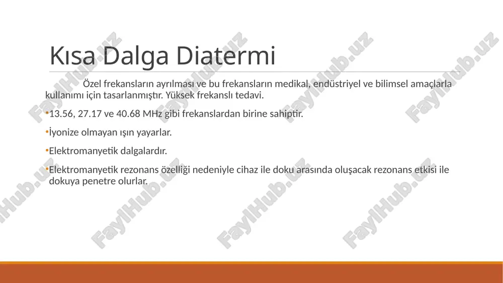 rasındaki mesafe elektrotların deriye olan uzaklıkları toplamından büyük olmalıdır. kondansatör saha tekniği kondansatör elektrotlarla uygulanır. bunlar sıklıkla camdır ve farklı boyutları mevcuttur. uygulamada elektrik kuvvet çizgileri önem taşır. güçlü elektriksel alan, zayıf manyetik alan yayılımı oluşur. daha yüzeysel dokularda ısınma yapar. kablo uygulama tekniği kablonun uçlarında elektriksel saha, ortasında manyetik saha bulunur. elektriksel saha derin, manyetik saha yüzeyel dokuları ısıtır. güçlü manyetik alan, zayıf elektriksel alan. derin dokulara penetre olabilir. yüksek sıvı içeren bölgelere uygulanması uygundur. sarım şeklinde kablo kablolar birbirine paralel olmalı. aynı yönde olmalı birbirine değmememeli daha çok ekstiremitelerde kullanılır. spiral/izgara şeklinde kablo sarımlar birbirine değmemeli karın ve sırt gibi bölgelerde uygulanır. endikasyonları osteoartrit, ayak bileği burkulmaları, subdeltoid kalsifiye bursit, akut boyun yaralanması, kronik boyun ağrısı, yara iyileşmesi, bel ağrısı, pelvik inflamasyon, herpes zoster, yumuşak doku lezyonları ve tempromandibular eklem hastalıklarında ve derin ısı istenen tüm durumlarda endikedir. kontraendikasyonları kanserli dokular, iskemik veya hemorajik alanlar, metal implant üzerine, …