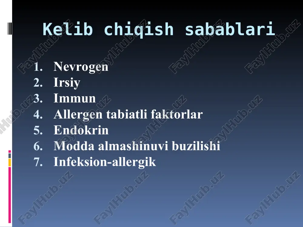 shi terida 75 suyuqlikning yo’qotilishiga olib keladi.bu esa teri elastikligining pasayishiga ,quruqlashishiga sabab bo’ladi.quruq klimat sovuq gormanal buzilishlar qishki ekzemaning yuzaga kelishigs sabab bo’ladi.ekzemaning bu turida patologik o’choqlar qo’l-oyoqlar yozuvchi yuzalarda uchraydi.zararlangan sohalar chegarasi notekis biroz ko’tarilgan bo’lib,eritematoz yuzada teri quruq,kepaklanish mayda yoriqchalar ba’zan esa bu yoriqchalardan qon oqishi mumkin. qishki ekzema : shoxlanuvchi ekzema: asosan qo’l-kaftlarda kamroq tovonda ko’p joylashadi.zararlangan sohalarda chegarasi notekis bo’lib kilnik ko;rinishida giperkeratoz va chuqur og’riqli yoriqlar kuzatiladi.suvchirash kam holatlarda (qo’zg’algan paytda)bo’ladi. shoxlanuvchi ekzema : kasbga aloqador ekzema: sensibilizatsiyalangan organizmda ekzogen allergenlar ta’siridan kelib chiqadi.ko’proq tananing ochiq sohalarida yuz bo’yin barmoqlar yon yuzalarida hamda erkaklarda jinsiy organlar sohasida joylashadi.zararlangan sohalar chegaralangan bo’lib polimorfizm kam ifodalangan bo’ladi. professional ekzemaning tipik joylashish o’rni kasbga aloqador ekzema: seboreyali ekzema: jarayon sochning boshli qismidan boshlanib,bo’yin,quloq supralari, ko’krak va orqa kurakda ,yuqori muchalarda tarqala boshlaydi. kasallik yog’li yoki quruq seboreyali fonida kechadi,ikkala holatda ham boshning sochli qismidan boshlanadi.kasallik rivojlanish davomida …