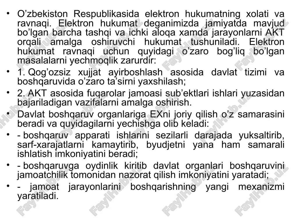 sifatida o’zbekiston hukumati tomonidan aktni rivojlantirish va eh qo’llash natijasida bir nechta ma’muriy hujjatlar qabul qilindi.2015 yil 9 dekabrda elektron hukumat to‘g‘risida qonun qabul qilindi.natijada yangi vertikal ijroiy hokimiyati barpo qilinib korxonalararo yaratilayotgan axborotlashtirish jarayonini boshqaruv dasturini bajarilishini nazorat qilish markazi yaratildi. bu dasturni anchagina markaziy va mahalliy boshqaruv organlari ma’qullab, ko’pchiligi dasturning mustaqil strukturasiga ega bo’lib, ularga korxonalararo axborotlashtirish jarayonini joriy qilishga javobgarlik yuklatildi. so‘ngra davlat boshqaruv organlariga yangi texnologik boshqaruv usullari kirib keldi. o’zbekiston respublikasining hukumat portalining axborot resursi bo’lib internet tizimida o’rnatilgan www.gov.uz portaldan iborat. u o’zbek, rus va ingliz tilida yozilgan. o‘zbekiston respublikasining hukumat portali davlat hokimiyati organlari faoliyatining funktsional jarayon va tartibini qo`llab-quvvatlovchi, davlat hokimiyati va boshqaruvi organlarining elyektron hamjihatlik infratuzilmasining tizimini tashkil etuvchi qism hisoblanadi. portalning asosiy maqsadlari: - fuqarolar va xo`jalik sub’yektlariga hokimiyat va boshqaruvi organlari tomonidan taqdim etiladigan axborot ryesurslari va xizmatlarining hajmini oshirishga mo`ljallangan ixtisoslashtirilgan axborot tizimini yaratish; - o`zbekiston respublikasi …