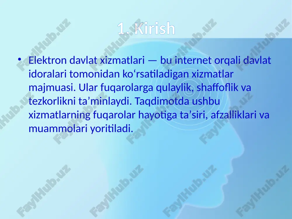 lashuvi kamayadi. 2022-yilgi transparency international hisobotiga ko‘ra, o‘zbekiston korrupsiyaga qarshi kurash indeksida 146-o‘rindan 126-o‘ringa ko‘tarilgan. 9. hududiy tenglik elektron xizmatlar orqali toshkentda mavjud xizmatlar qoraqalpog‘iston yoki surxondaryodagi aholiga ham taqdim etiladi. masalan, 2023-yil davomida qishloq hududlaridan 1,8 milliondan ortiq ariza my.gov.uz orqali yuborilgan. 10. ijtimoiy xizmatlar yengillashuvi ijtimoiy yordam, pensiya tayinlash, nogironlikni rasmiylashtirish kabi xizmatlar onlayn amalga oshirilmoqda. 2023-yilda 1 milliondan ortiq fuqaroga ijtimoiy yordam masofadan turib tayinlangan. 11. ta’lim va sog‘liqni saqlashda e-xizmatlar maktab elektron kundaliklari (my.maktab.uz), otmga hujjat topshirish (my.edu.uz), poliklinikaga yozilish, tibbiy kartani ko‘rish kabi xizmatlar faol ishlamoqda. 12. soliq va biznes uchun xizmatlar yuridik shaxs ro‘yxatidan o‘tishi, soliq hisobotlarini topshirish, elektron hisob-faktura yaratish kabi xizmatlar mavjud. 2023-yilda 500 mingdan ortiq yuridik shaxslar soliq xizmatlaridan onlayn foydalangan. 13. huquqiy xizmatlar sudga onlayn murojaat, nikohdan ajralish yoki aliment undirish bo‘yicha ariza yuborish imkoniyati mavjud. 2023-yilda 100 mingdan ortiq huquqiy masala elektron tarzda hal etilgan. 14. davlat idoralari uchun …
