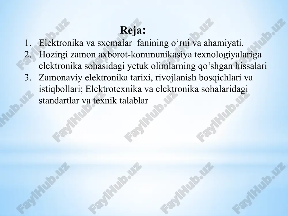 ixtiroga nobel mukofoti berildi. tranzistor elektron lampaning barcha vazifalarini bajarishi bilan birga uning: past ishonchlilik, ko’p energiya sarflash, katta o’lchamlari kabi asosiy kamchiliklaridan xoli edi. to’rtinchi bosqich integral mikrosxemalar (ims) asosida elektron qurilma hamda tizimlar yaratish bilan boshlandi va mikroelektronika davri deb ataldi. mikroelektronika – fizik, konstruktiv – texnologik va sxemotexnik usullardan foydalanib, yangi turdagi elektron asboblar – imslar va ularning qo’llanish prinsiplarini ishlab chiqish yo’lida izlanishlar olib borayotgan elektronikaning bir yo’nalishidir. hozirgi kunda telekommunikatsiya va axborotlashtirish tizimining rivojlanish darajasi tom ma’noda mikroelektronika va nanoelektronika mahsulotlarining ularda qo’llanilish darajasiga bog’liq. birinchi imslar 1958-yilda yaratildi. imslarning hajmi ixcham, og’irligi kam, energiya sarfi kichik, ishonchliligi yuqori bo’lib, hozirgi kunda uch konstruktiv – texnologik variantlarda yaratilmoqda: qalin va yupqa pardali, yarimo’tkazgichli va gibrid. 1965-yildan buyon mikroelektronikaning rivoji g. mur qonuniga muvofiq bormoqda, ya’ni har ikki yilda zamonaviy imslardagi element-lar soni ikki marta ortmoqda. hozirgi kunda elementlar soni 106†109 ta bo’lgan o’ta yuqori va …