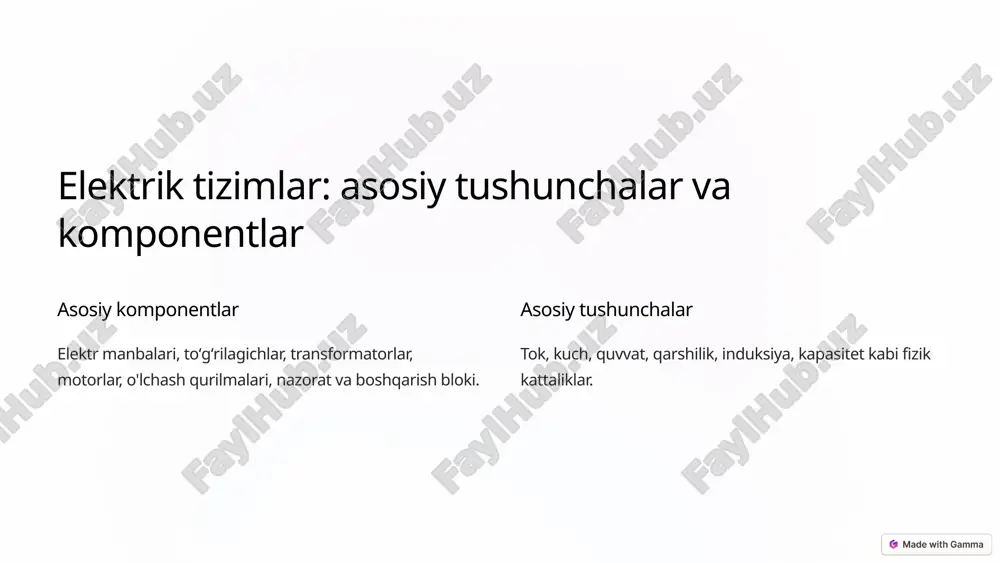 i sensor tizimlari aloqa, xabarlar, tizim xolatini kuzatish uchun. mikroprotsessorlar avtomatik boshqarish va real vaqt rejimasida qarorllar qabul qilish. ma'lumotlar tahlili tizimning samaradorligini va xavfsizligini tahlil qilish. 7 elektromexanik tizimlar: xavfsizlik va ehtiyot choralari 1 qisqa tutashuv elektr tizimlarida yuz berishi mumkin bo'lgan xavfsizlik muammolari. 2 siljish mexanik tizimlar harakati natijasida inson xavfga duch kelishi mumkin. 3 yong'in xavfi elektr tizimlar yonuvchi materiallar mavjudligi tufayli yonib ketish xavfi. 8 elektromexanik tizimlar: texnik xizmat ko'rsatish va oʻrnatish 1 sinovlar va tekshiruvlar tizimlarni foydalanishga tayyorlash uchun olib boriladigan tekshiruvlar va sinovlar. 2 profilaktik xizmat uzluksiz ish jarayonini ta'minlash uchun tizimli oʻtkaziladigan profilaktika ishlari. 3 uzluksiz texnik nazorat tizim xolati va samaradorligi ustidan doimiy kuzatish olib borish. 9 yangi texnologiyalar va elektromexanik tizimlarning kelajagi 40% avtomatlashtirish elektromexanik tizimlarning 40% idan koʻprogi avtomatlashtirilgan. 5g aloqa 5g tarmoqlari elektromexanik tizimlarning hududiy boshqaruvi uchun muhim. iot talqin narsalar interneti elektromexanik tizimlar haqidagi ma'lumotlar to'planishi va tahlilini …