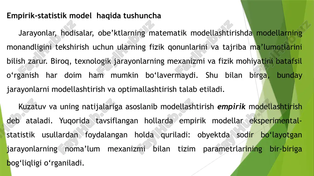 ish ya’ni bo’lgan holda obyektning matematik modeli esa quyidagi ko‘rinishda bo‘ladi (2.1) bu yerda – chiqish qiymati, – erkin o‘zgaruvchilar, – empirik modelning koeffitsientlari. bu funksiyalarning taqribiy analitik ko‘rinishlarini topishda ko‘p o‘zgaruvchili parametrik funksiyalar qo‘llaniladi. ulardan eng ko‘p foydalaniladigan funksiyalar quyidagilardir: agar larning har biri bir-biriga bog’liq bo’lmagan holda ning qiymatini o’zgartirish mumkun bo’lsa: agar larning barchasi birgalikda qo’llangandagina ning qiymatini o’zgartirish mumkun bo’lsa: bu yerda va – ko‘rilayotgan sohadagi uzluksiz funksiyalar, -lar noma’lum parametrlar. shu noma’lum parametrlarni tanlash orqali bu funksiyalar muayyan texnologik jarayonga taqriban mos qo‘yiladi. bu funksiyalarning oxirgi ikktasidan boshqalari noma’lum parametrlarga nisbatan chiziqlidir, oxirgi ikkitasini ham logarifmlash orqali parametrlarga nisbatan chiziqli holga keltirish mumkin. bundan, kompyuterda ularning barchasiga bir xil texnologiyani qo‘llash mumkin ekaligini anglashimiz mumkin. faqat berilgan qiymatlarni funksiyaga mos ravishda o‘zgartirish kerak bo‘ladi xolos. logarifmlash bilan o‘zgartirilgan oxirgi funksiyada noma’lum parametr logarifmi aniqlanadi, so‘ng teskari operatsiya orqali qayta o‘z holiga keltiriladi. korrelyatsion tahlil usullari …