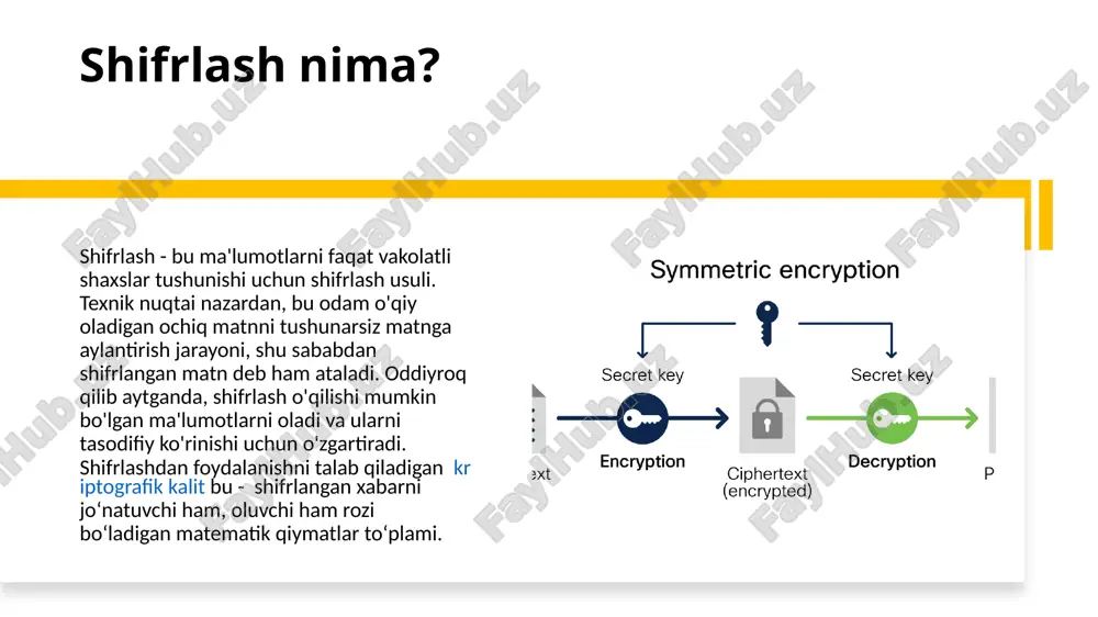 symmetrik shifrlashlarga bo’linadi. simmetrik shifrlash simmetrik shifrlash - bu shifrlashning bir turi bo'lib, ma'lumotlarni shifrlash va shifrini ochish uchun bir xil kalit ishlatiladi. bu usul oddiy va tez, lekin bir salbiy tomoni bor: jo‘natuvchi ham, qabul qiluvchi ham kalitni bilishi va xavfsiz tarzda almashishi kerak. simmetrik shifrlashning mashhur algoritmlari orasida aes (advanced encryption standard) va des (data encryption standard) mavjud. nosimmetrik shifrlash ko'pincha unumdorlik va tezlik muhim bo'lgan stsenariylarda, masalan, katta hajmdagi ma'lumotlarni shifrlashda qo'llaniladi. asimmetrik shifrlash asimmetrik shifrlash bu shifrni hal qilish uchun ikki xil kalitdan foydalanadi: ochiq kalit va shaxsiy kalit. ochiq kalit shifrlangan xabarlarni jo'natmoqchi bo'lgan har bir kishi bilan baham ko'riladi, shaxsiy kalit esa qabul qiluvchi tomonidan maxfiy saqlanadi. ochiq kalit bilan shifrlangan ma'lumotlarning shifrini faqat shaxsiy kalit ochishi mumkin. rsa (rivest-shamir-adleman) eng keng tarqalgan assimetrik shifrlash algoritmlaridan biridir. bu usul kengaytirilgan xavfsizlikni ta'minlaydi, lekin simmetrik shifrlashdan sekinroq. nima uchun shifrlash muhim? maxfiylik:shifrlash mo'ljallangan qabul qiluvchi …