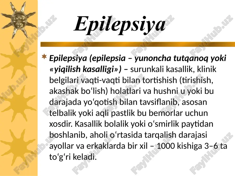 qisqa vaqt ichida bo’ladi. aura majburiy emas, lekin 60-70% holatda kuzatiladi auraniug hamma aniq ko'rinishlarini ko'rsatib o’tish imkoni yo'q. ba’zi kasallar qorinda paydo bo'lgan kuchlanish, boshqalari hech qachon his qilmagan huzur - halovat. aura murakkab ko'z, eshitish va boshqa gallyutsianator kechinmalar, gavdaning tuzilishidagi asabiylashish sezadi. aura sifatida murakkab ruhiy zo'riqish holatida, ya’ni avvaldan ko'ringandan hayajonlanish yoki “hech qachon ko'rinmaganning takrorlanishidan tashvishlanib takrorlanish mumkin. tonik faza auradan keyin tutqanoqning tonik fazasi keladi. u to'liq hushidan ketish, boshlang’ich qichqiriq, ya’ni tutqanoq tutishdan oldin havo nafas yo’lini qisqartiradi. kasal odatda, oldingi tomonga yiqiladi ko’pincha jarohatlanadi, biron a’zosi sinadi yoki chiqadi. bosh orqaga qayriladi , ko’z katta ochilgan, nazari harakatsiz. gavdasi kuchlanishli, qo’l banmoqlari mushti tugilgan bo'ladi. dastlabki oqarish sianoz bilan almashadi. tonik faza 10-30 sekund davom etganidan keyin 1-2 minut klonik faza keladi. u gavda qismi va a’zolari-ning ketma-ket bukilib yoki yozilib turishi, nafas yo’lida xirillash va boshqa ko’rinishlarda bo'ladi. klonik faza klonik …