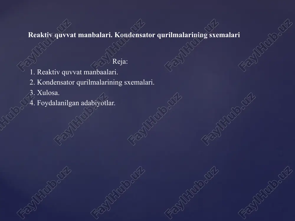 tli kuchlanishlarga moʻljallangan boʻlib, bino ichkarisiga yoki tashqarisiga qoʻyilishi mumkin. kondensatorlar bir yoki uch fazali qilib ishlab chiqariladi. kuchlanishi 10 kvgacha boʻlgan kondensator batareyasida kerakli quvvatni olish uchun 3 fazali kondensatorlar, 20-35 kv li kondensator batareyada 1fazali kondensatorlar ketma-ket va parallel ulanib, batareya xosil qilinadi.kuchlanishi 380 voltli, 6 kv va 10 kv li kondensatorlar mavjud. ular mineral yog‘ shimitilgan (km turidagi) va sintetik suyuqlik shimitilgan (ks) turida boʻladi. 4 kondensatorlarning reaktiv quvvatni kompensatsiyalashda keng ishlatishiga asosiy sabablar quyidagilardan iborat: aktiv quvvatning solishtirma isrofi 0,005 kvt/kvar gacha kichik boʻlishi mumkin; ekspluatatsiyasi va montaj ishlari oson bajariladi; narxi nisbatan arzon; massasi yengil; shovqinsiz ishlaydi; kondensator batareyasini iste’molchilar guruhining joylashgan maydoniga oʻrnatish mumkin. kondensator batareyalarining kamchiliklari: yongʻindan xavfliligi, qoldiq zaryadning mavjudligi; oʻta kuchlanish va tokning sakrashlariga sezgirligi; generatsiya qilinayotgan quvvat miqdorining kuchlanishga uzviy bogʻliqligi(q=u2wc). 1.2-rasm. reaktiv quvat manbalari. kondensator batareyalari uch fazali tarmoqqa uchburchak shaklida ulanadi. bunday ulanganda har bir elementdagi kuchlanish qiymati …