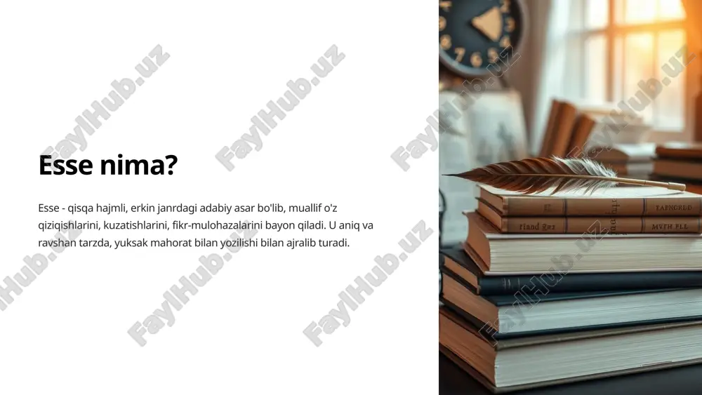 iy vositalardan foydalanish orqali muallifning fikrlari ta'sirchanliroq ifodalanadi. 6 ilmiy esse tadqiqotchilik ilmiy esseda muayyan ilmiy muammo o'rganiladi, izlanishlar olib boriladi. nazariyaviylik ilmiy esse nazariy masalalarni yoritadi, ilmiy xulosalar chiqaradi. yechim topish ilmiy esseda tadqiq etiladigan muammoga echim topishga harakat qilinadi. 7 esse yozishda e'tibor berilishi lozim bo'lgan jihatlar 1 mavzu tanlash 2 maqsad belgilash 3 rejalashtirish 4 adabiy uslubga rioya qilish 5 xotima yozish 8 esse yozishda yutuqlar va kamchiliklarni aniqlash 1 mavzuga mos yozish 2 aniqlik va ravonlik 3 fikrlarni mantiqiy izchillik bilan yoritish 4 original va ijodiy yondashish 9 xulosa va takliflar 4 esse turlari 5 esse xususiyatlari 3 esse yozishda amal qilinishi lozim bo'lgan jihatlar 2 esse yozishda yutuqlar va kamchiliklarni aniqlash esse - keng imkoniyatlarga ega bo'lgan adabiy janr. uni samarali yozish uchun essening turlarini, xususiyatlarini, yozish uslubini bilish muhim. shuningdek, esse yozish jarayonida e'tibor berilishi lozim bo'lgan asosiy jihatlar hamda yutuqlar va kamchiliklarni aniqlash …