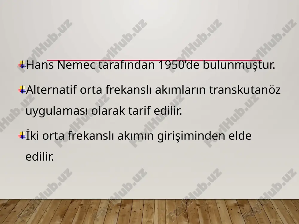 akım daha düşük deri direnci ile karşılaşır (impedance) dolayısıyla alçak frekanslı akımdan daha rahattır. orta frekanslı akım kullanmak ciltten daha fazla penetrasyon toleransı sağlar. fi̇zyoloji̇k etki̇leri̇ analjezi̇k etki̇ ağrının giderilmesi alçak frekanslı akımlarda bahsedilen mekanizmalarla ilgidir. bunlar:  kapı kontrol teorisi,  sinir iletiminde blokaj,  dolaşımda artış sonucu ağrı reseptörlerini uyaran kimyasal maddelerin uzaklaştırılması. kapı kontrol teorisine göre geniş myelinli liflerin uyarımı ile medulla spinalis düzeyinde ağrı uyarımının üst merkezlere iletimi engellenir. sinir iletiminde blokaj ile a delta ve c liflerinde geçici fizyolojik blok oluşturur ve ağrı azaltılır. (40 hz üzerinde) i̇nen ağrı supresyon sistemi selektif olarak uyarılır ve endojen opioidler açığa çıkarılır (15 hz sabit uygulama). dolaşımda artış sonucu ağrı reseptörlerini uyaran kimyasal maddeler uzaklaştırılır. plasebo etki ile ağrı azaltılır. fi̇zyoloji̇k etki̇leri̇ motor etki̇ 0-10 dev/sn en etkili 0-100 arasındaki frekanslarda derin ve düz kasların uyarılabilirliği artar. denerve kası kastırmaz. fi̇zyoloji̇k etki̇leri̇ duyusal etki̇ deri direncini kolay yenebildiği …