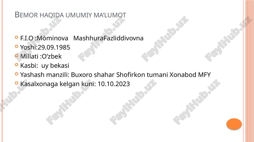 h: -umumiy ahvoli:qoniqarli -bemor holati:òrta faol -es hushi:aniq -tana konstitutsiyasi:normastenik -tana harorati: 37.5 -òz òziga xizmat :cheklanmagan b.teri qoplamini kòzdan kechirish -terisi rangpar -terisi quruq -toshmalar yoq -teri osti yoģ kletchatkasi normal joylashgan -namlik darajasi normada -tirnoqlar shakli òzgarmagan -shilliq qavatlar och pushti rangda -periferik limfa tugunlar kattalashmagan status praezens ob’ektivus suyak –bo’g’im tizimini ko’zdan kechirish oyoq qòllarda shish yoq. bemor suyak bògim tizimidan shikoyat qilmadi yurak –qon aylanish tizimi yurak –qon aylanish tizimi a/b 120/110 mm.sim.ust ps 72/min o'pka arteriyasi 2-ton aksenti eshitiladi. qonbosimi120/100mm.simustunigatengtomirurushi72ta 1minutda o’pkaarteryasi2-tonaksentieshtiladi nafas olish tizimi nafas olish tizimi tana tuzilishi normostenik ko'krak qafasi patologiyasiz nafas olish soni 18/min perkussiyada aniq o'pka tovushi auskultatsiyada ikki tomonlama vezikulyar nafas eshitiladi. tanatuzulishinormostenik ko’krakqafaspatalogikshakllanmagan nafasolishsoni18ta 1minutda perkussiyadaaniqo’pkatovushi auskultatsiyadaikkitomonlamanormalvezikulyarnafaseshitiladi ovqat hazm qilishga qiynaladi va siydik ajratish tizimlari meyorida qorin palpatsiyasida ogriq bor jigar va taloq paypaslanmaydi dastlabki tashxis surunkali xolesistit tekshiruv rejasi kasalxonadagi shifokor tashxisi surunkali xolesistit qòzish davri klinik …